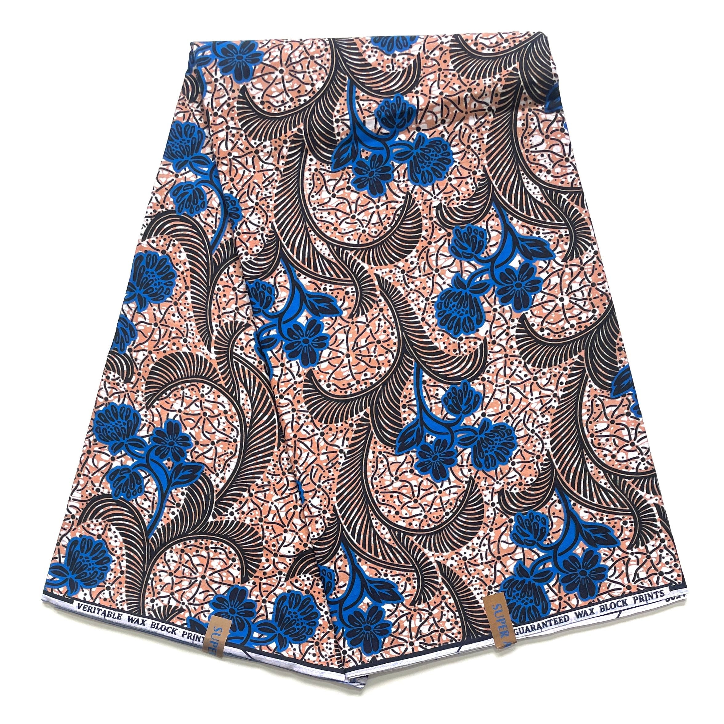 Wax Tissu Coupon 2 Yards - Pagne Africain 100% Coton - Arabesque Fleurie BEIGE / BLEU