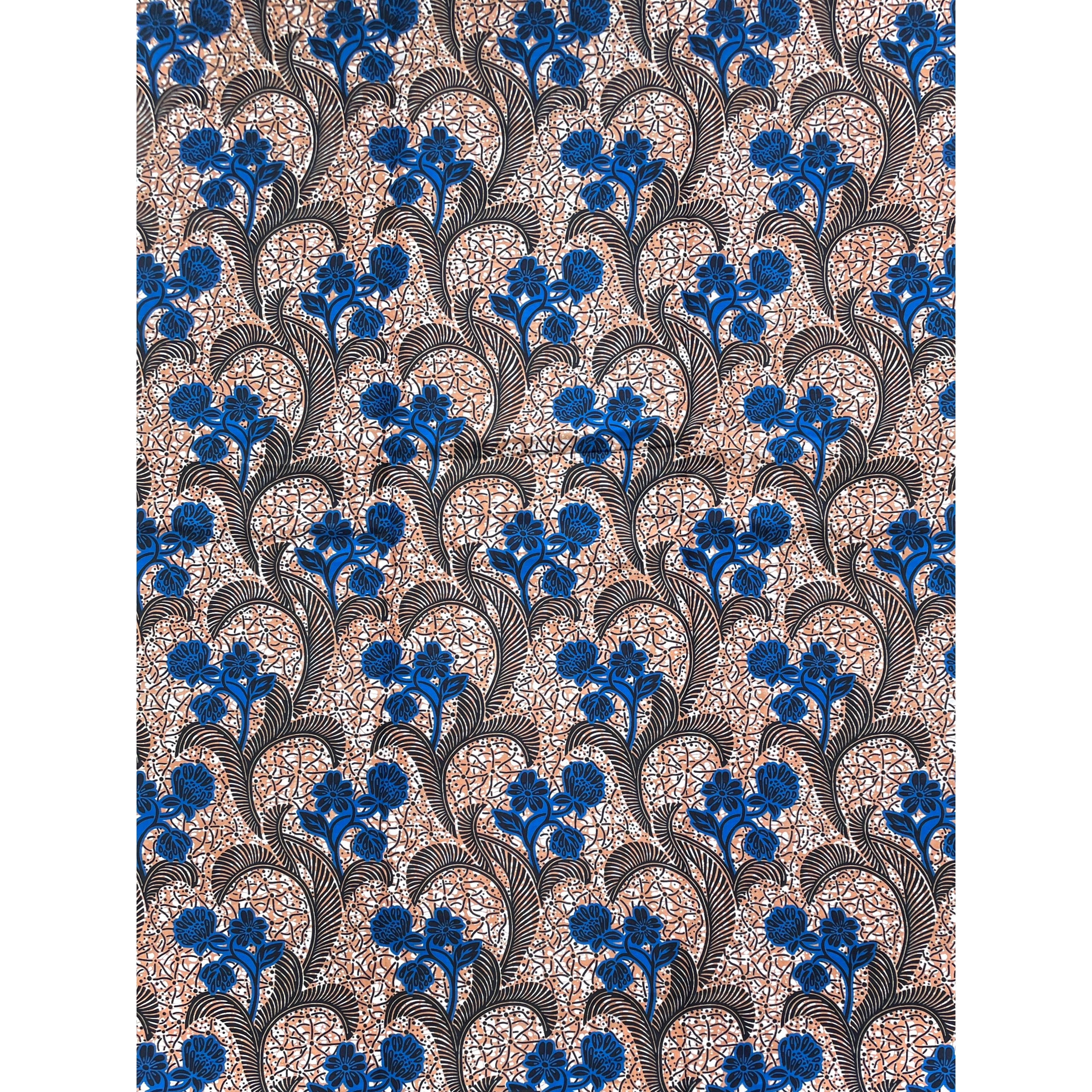 Wax Tissu Coupon 2 Yards - Pagne Africain 100% Coton - Arabesque Fleurie BEIGE / BLEU