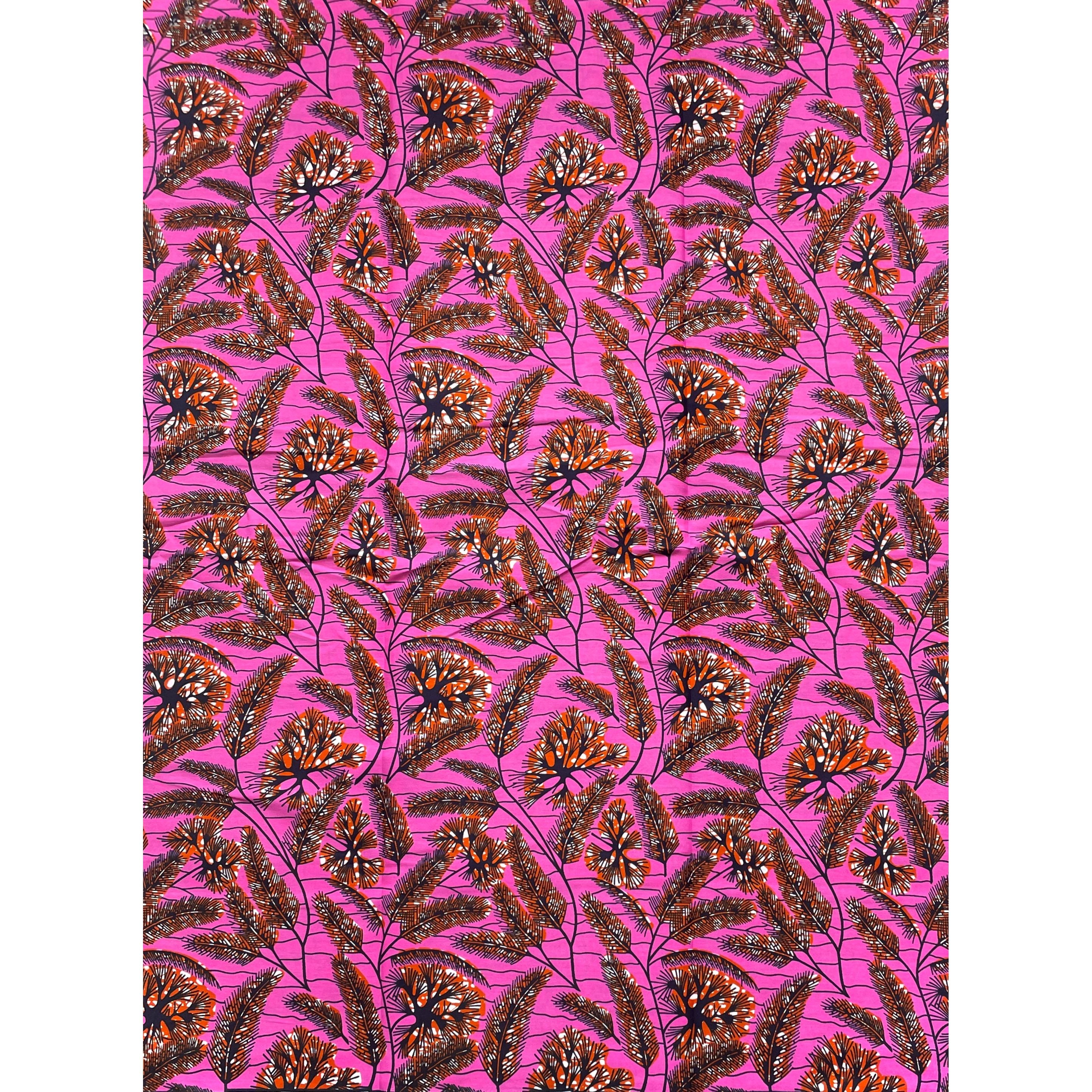 Wax Tissu Coupon 2 Yards - Pagne Africain 100% Coton - Feuilles de Fougère ROSE / MARRON