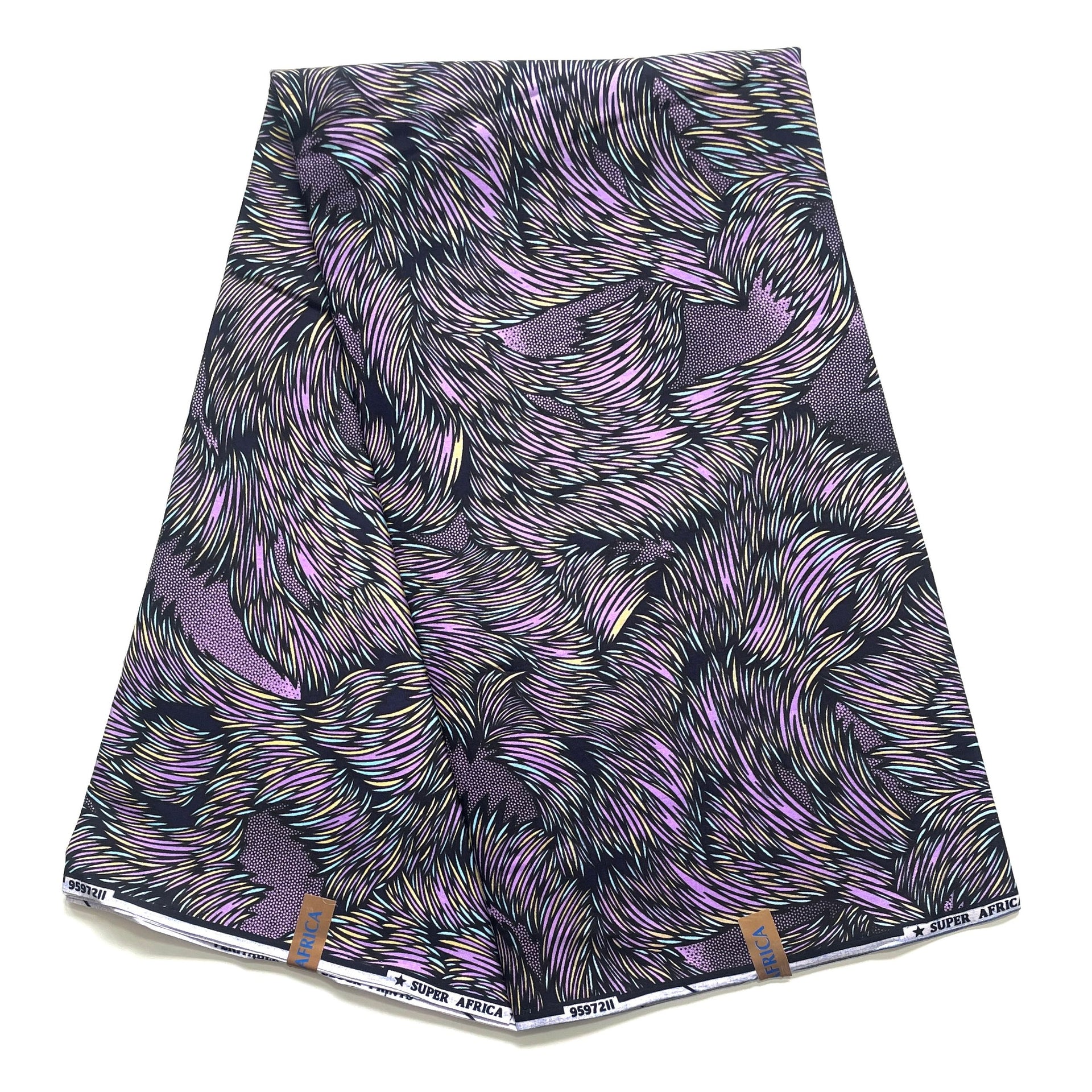 Wax Pagne Africain - Tissu 6 Yards 100% Coton - Cascade de Plumes MAUVE / BLEU / BEIGE