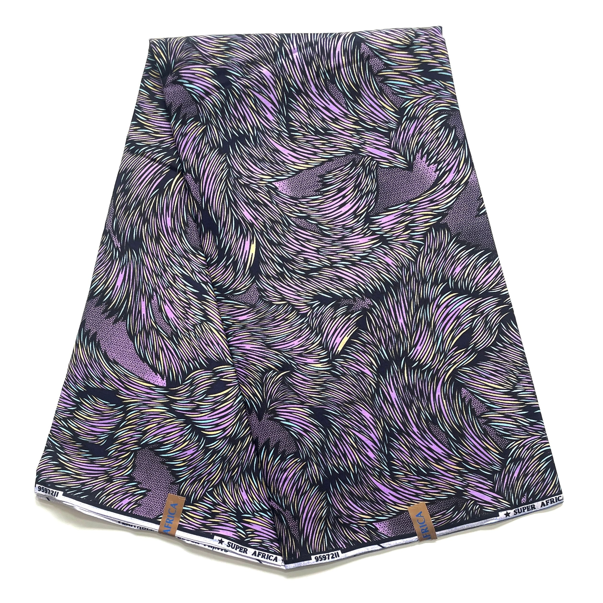 Wax Tissu Coupon 2 Yards - Pagne Africain 100% Coton - Cascade de Plumes MAUVE / BLEU / BEIGE