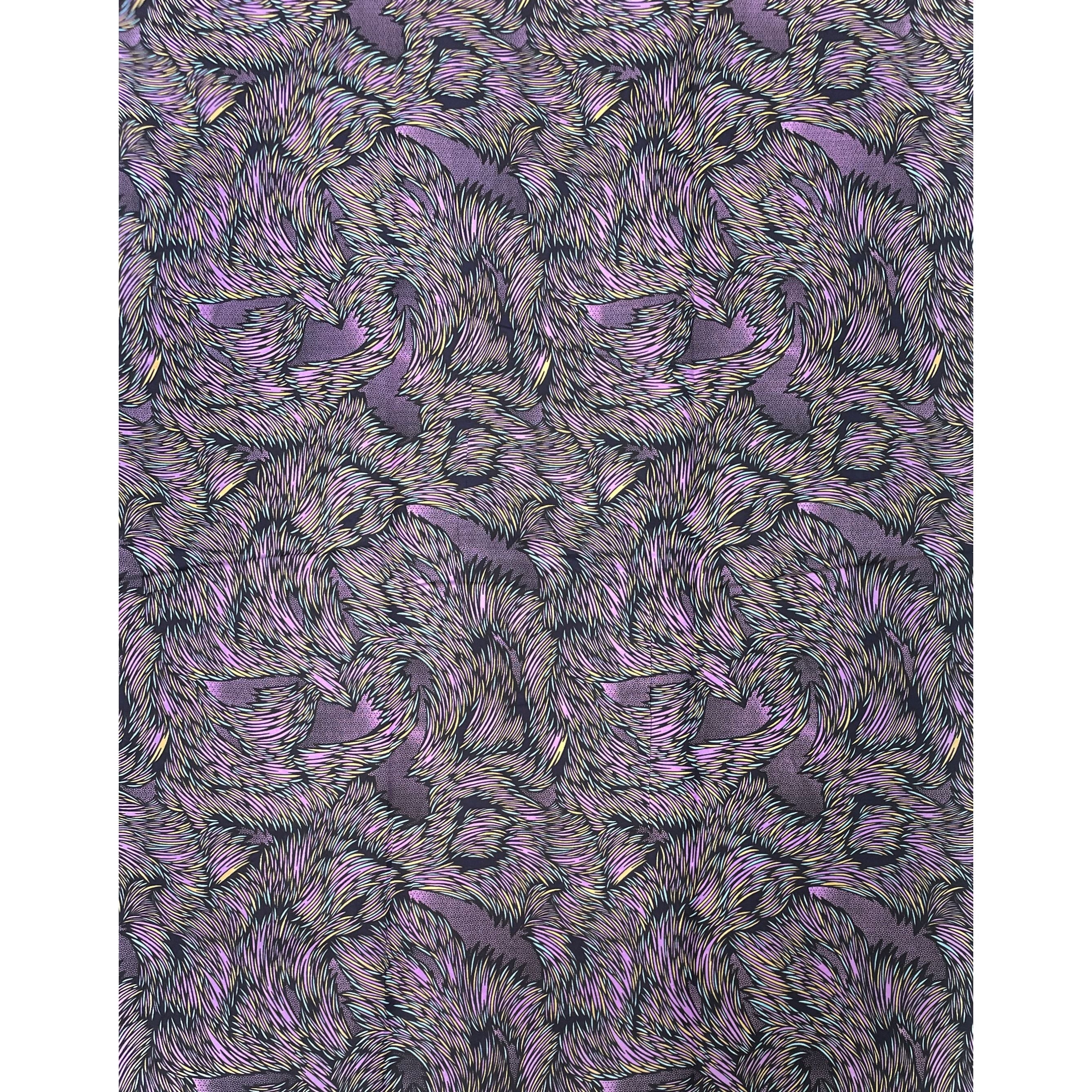 Wax Tissu Coupon 2 Yards - Pagne Africain 100% Coton - Cascade de Plumes MAUVE / BLEU / BEIGE