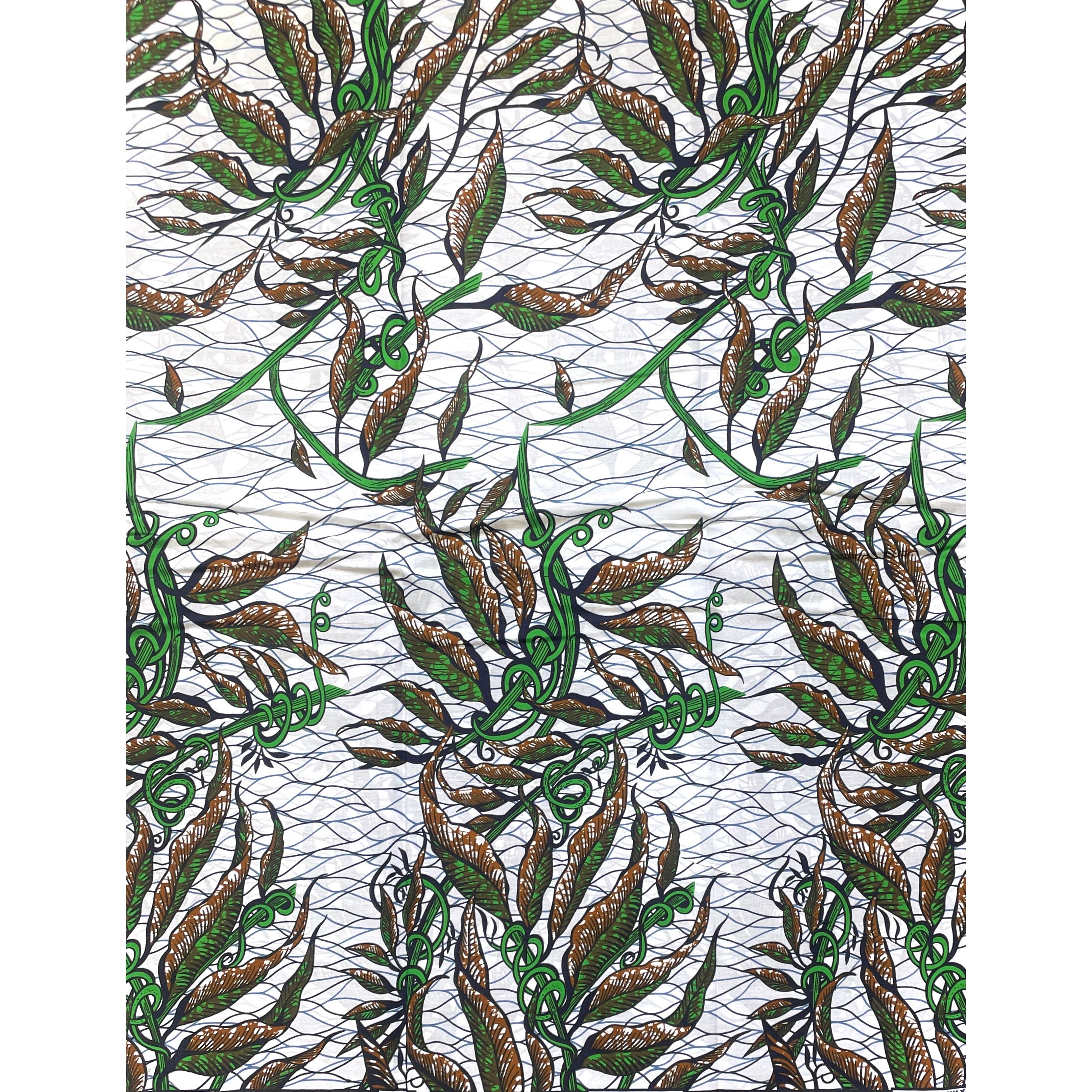Wax Tissu Coupon 2 Yards - Pagne Africain 100% Coton - Lianes Végétales BLANC / VERT / MARRON