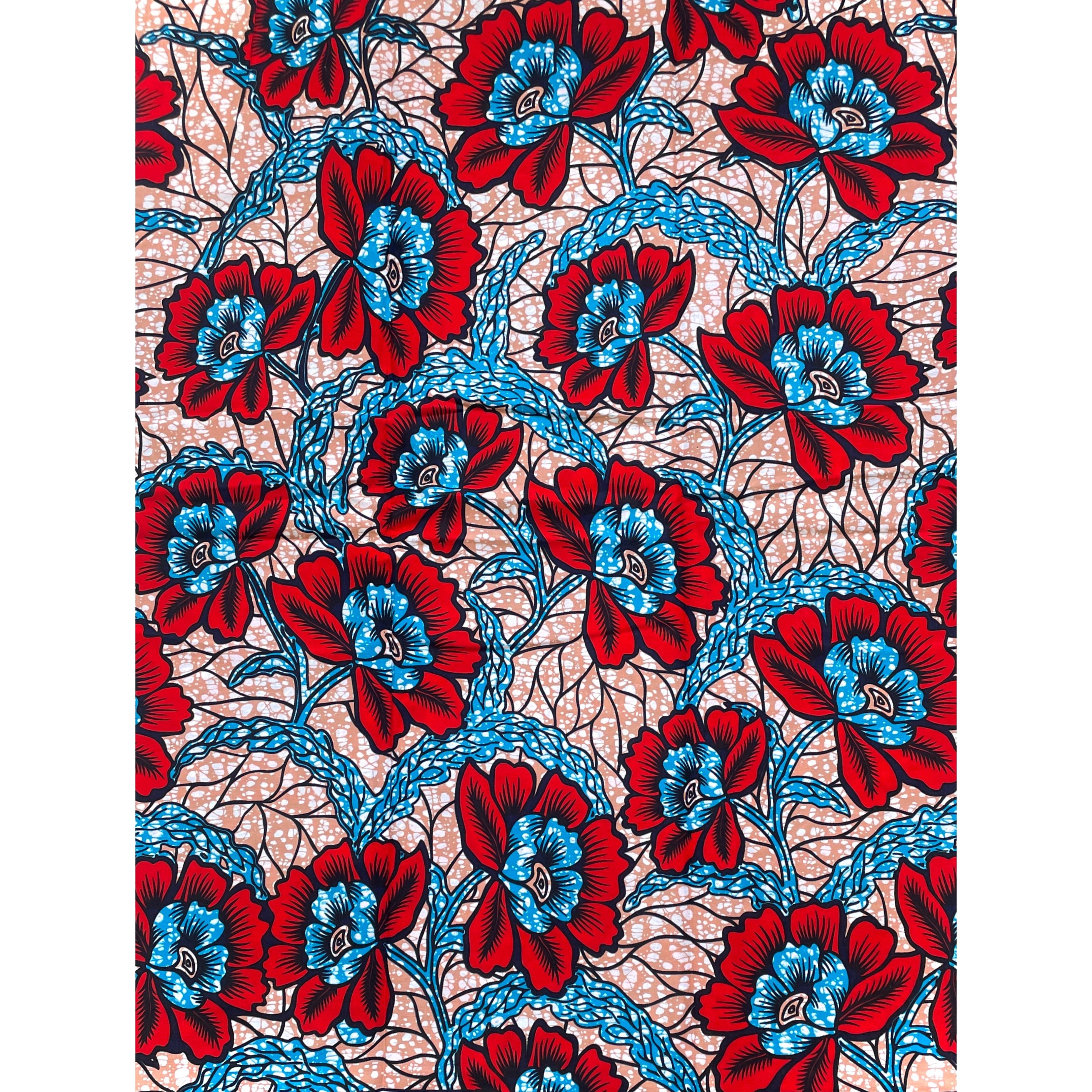 Wax Tissu Coupon 2 Yards - Pagne Africain 100% Coton - Bouquet Tropical ROUGE / BLEU