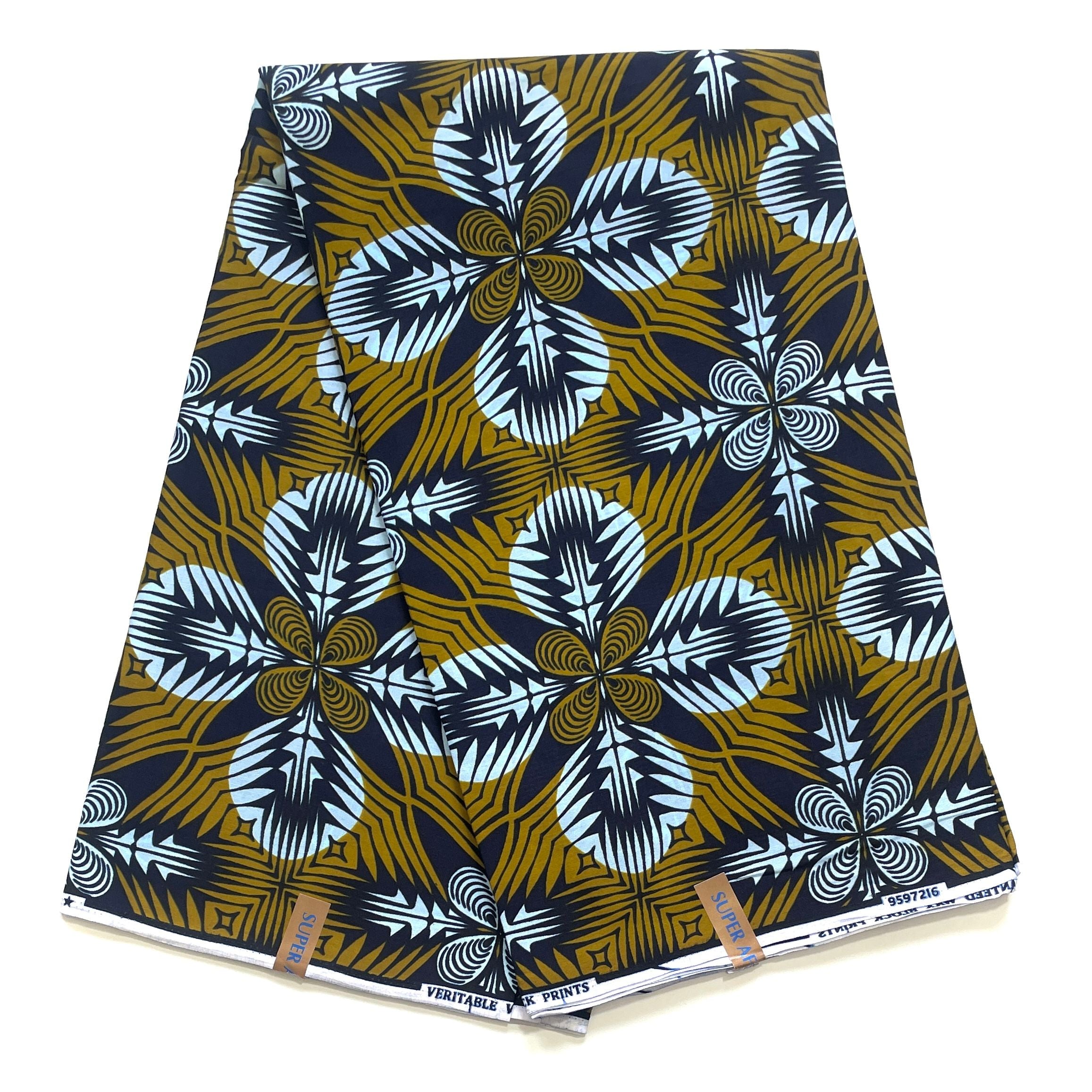 Wax Tissu Coupon 2 Yards - Pagne Africain 100% Coton - Étoile Fleurie VERT / BLEU