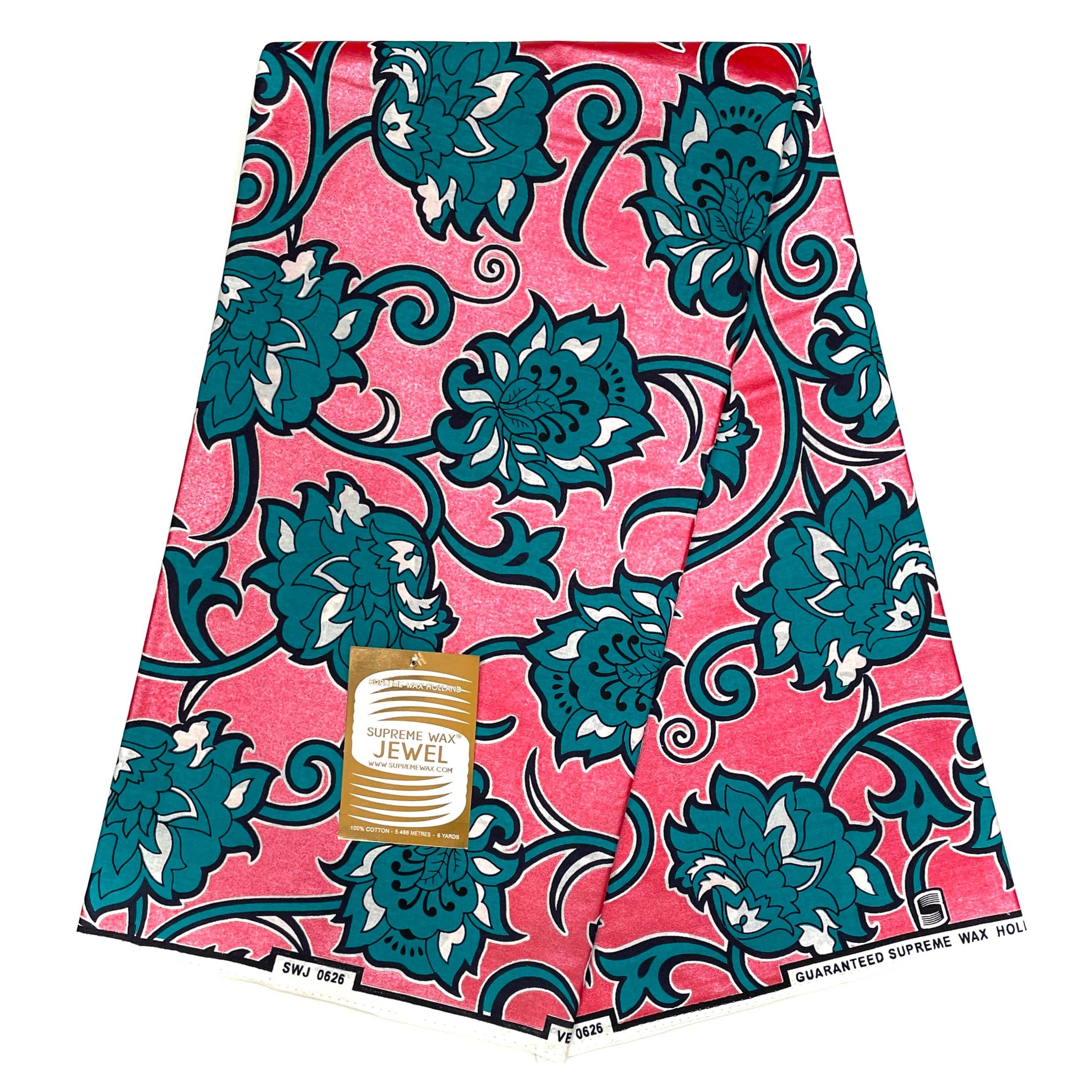Wax Pagne Africain - Tissu 6 Yards Coton - SUPREME JEWEL - ROSE / TURQUOISE