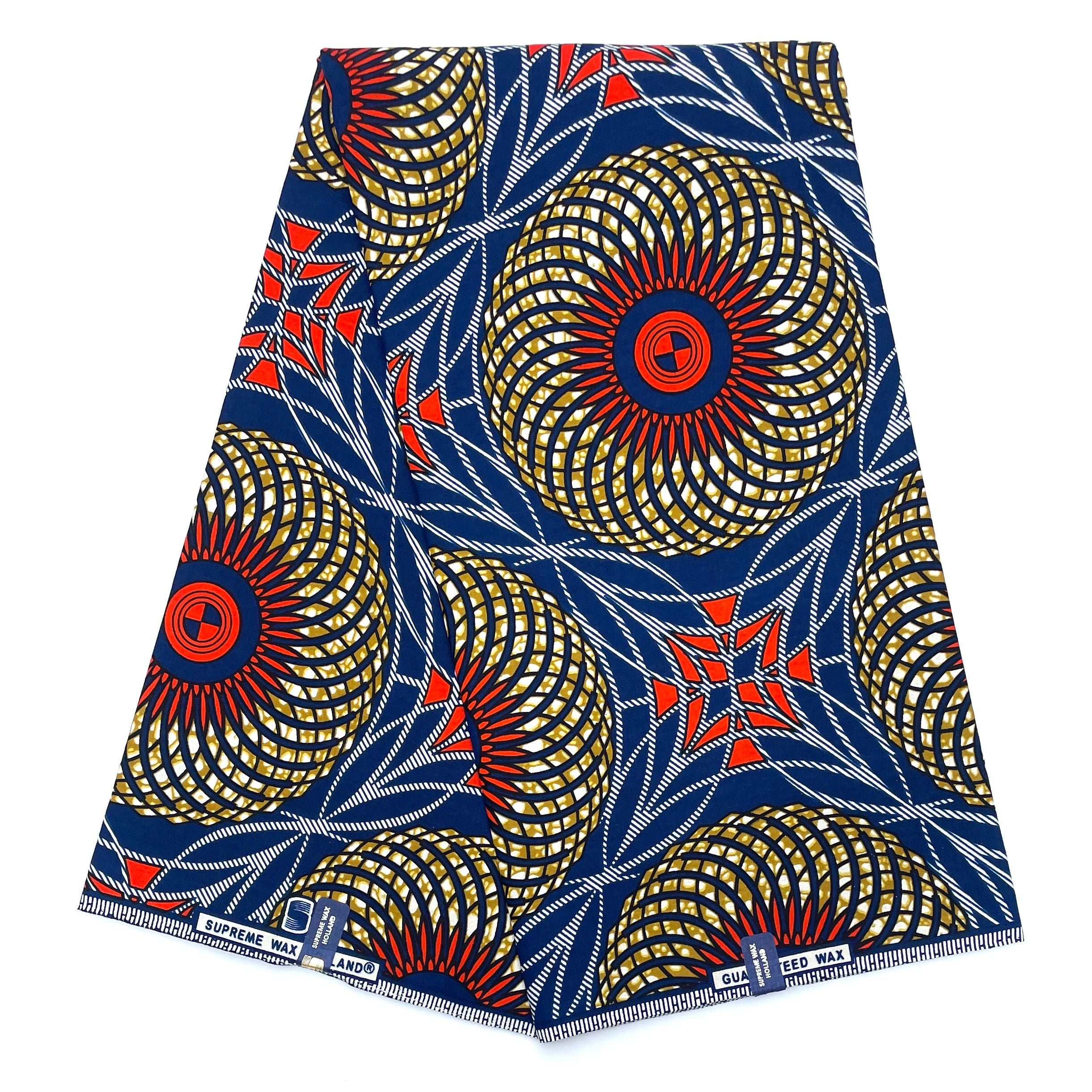 Tissu Pagne Africain - 6 Yards 100% Coton - SUPREME WAX - ORANGE / BLEU