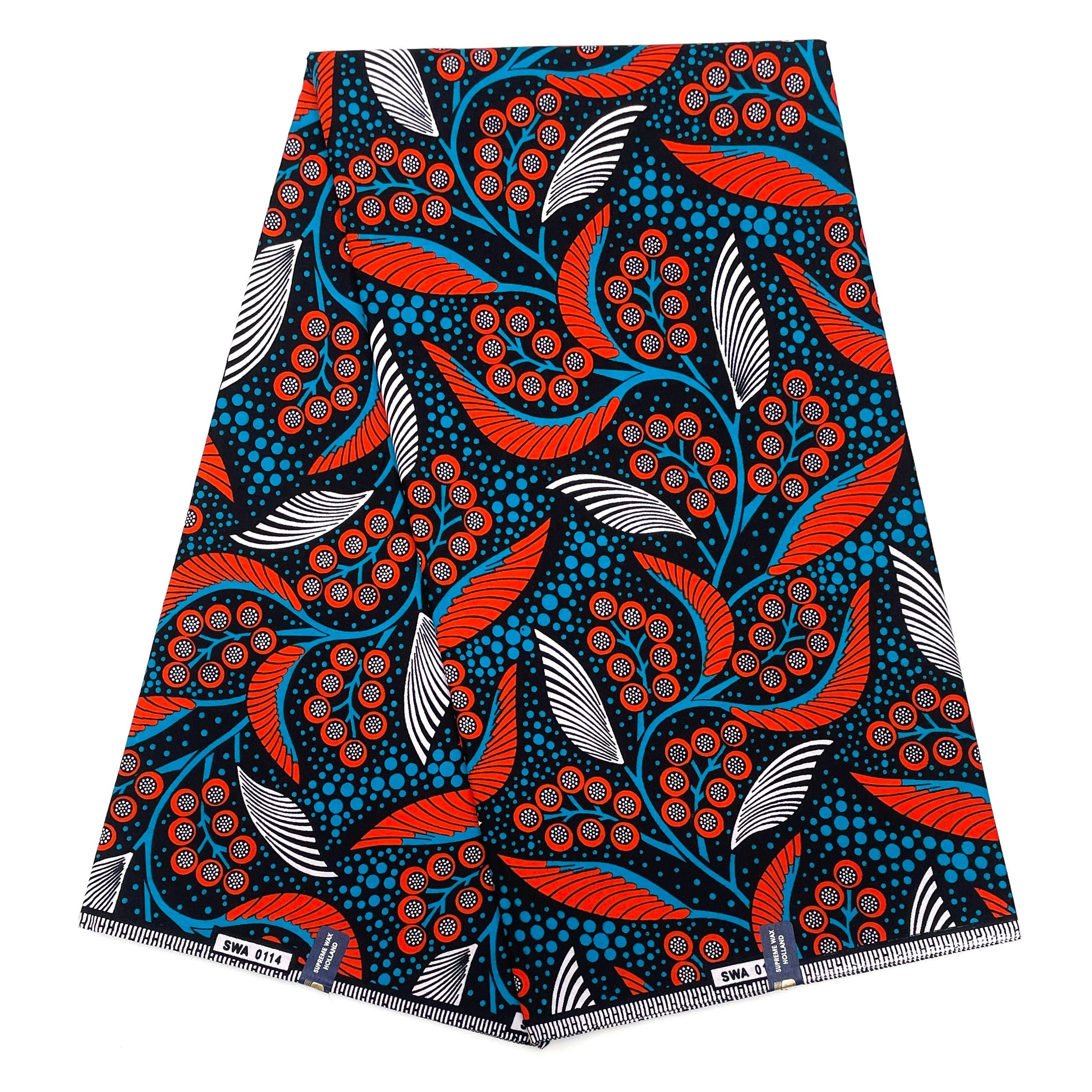 Tissu Pagne Africain - 6 Yards 100% Coton - SUPREME WAX - ORANGE / BLEU