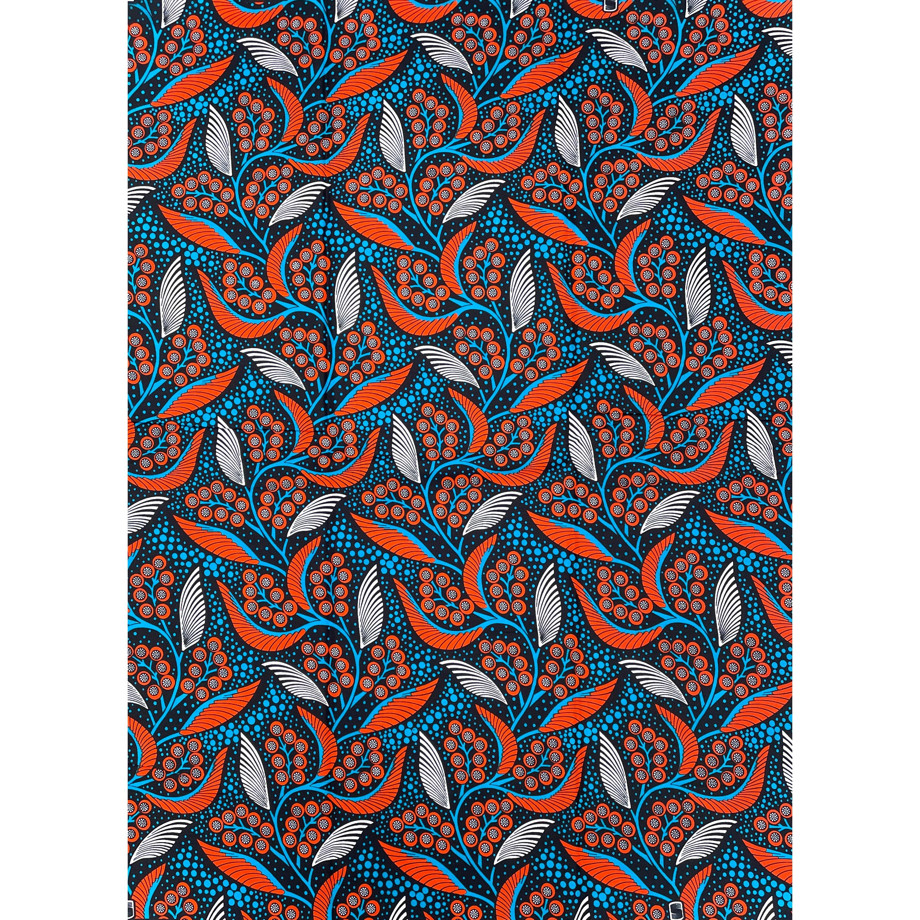 Tissu Pagne Africain - 6 Yards 100% Coton - SUPREME WAX - ORANGE / BLEU