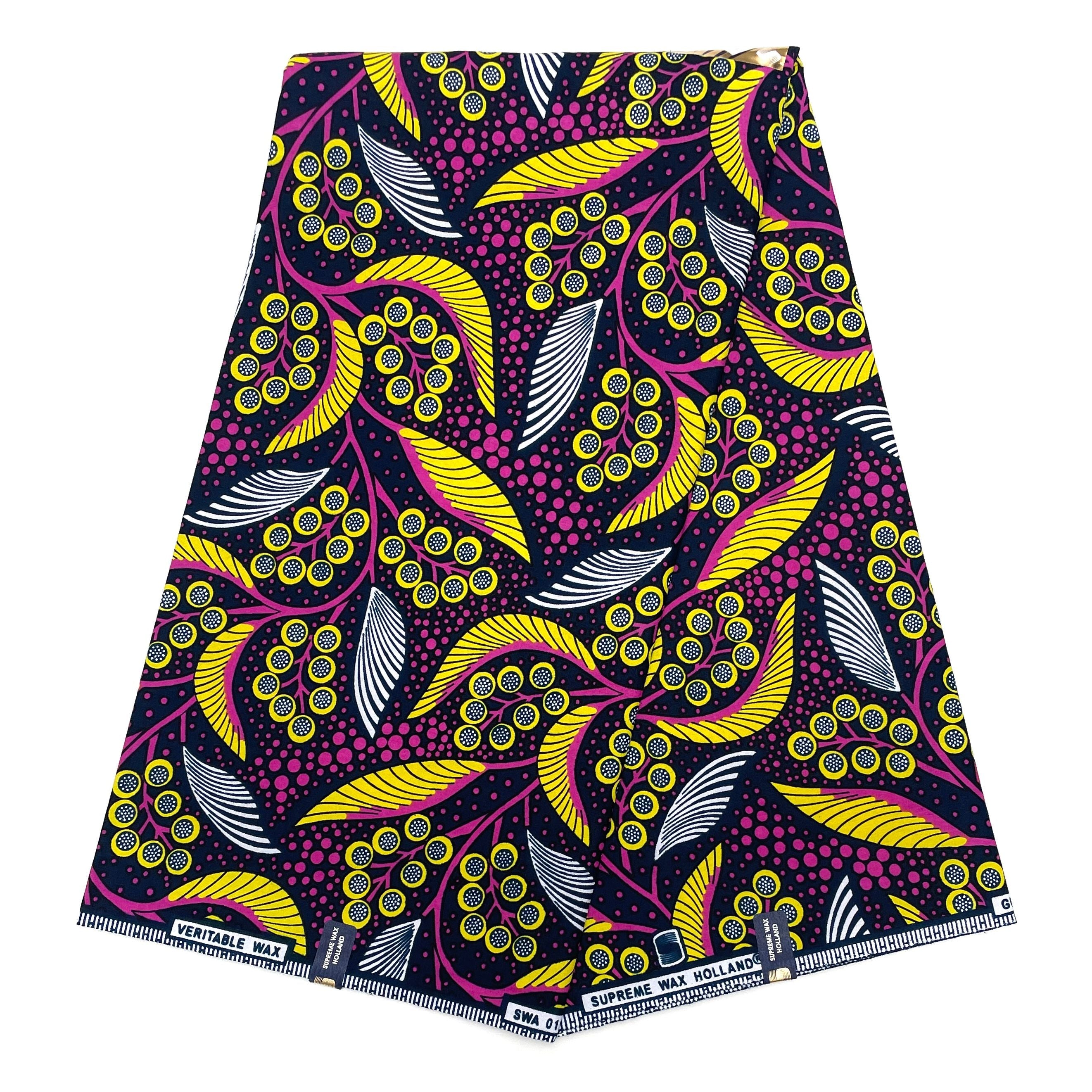 Tissu Pagne Africain - 6 Yards 100% Coton - SUPREME WAX - VIOLET / JAUNE