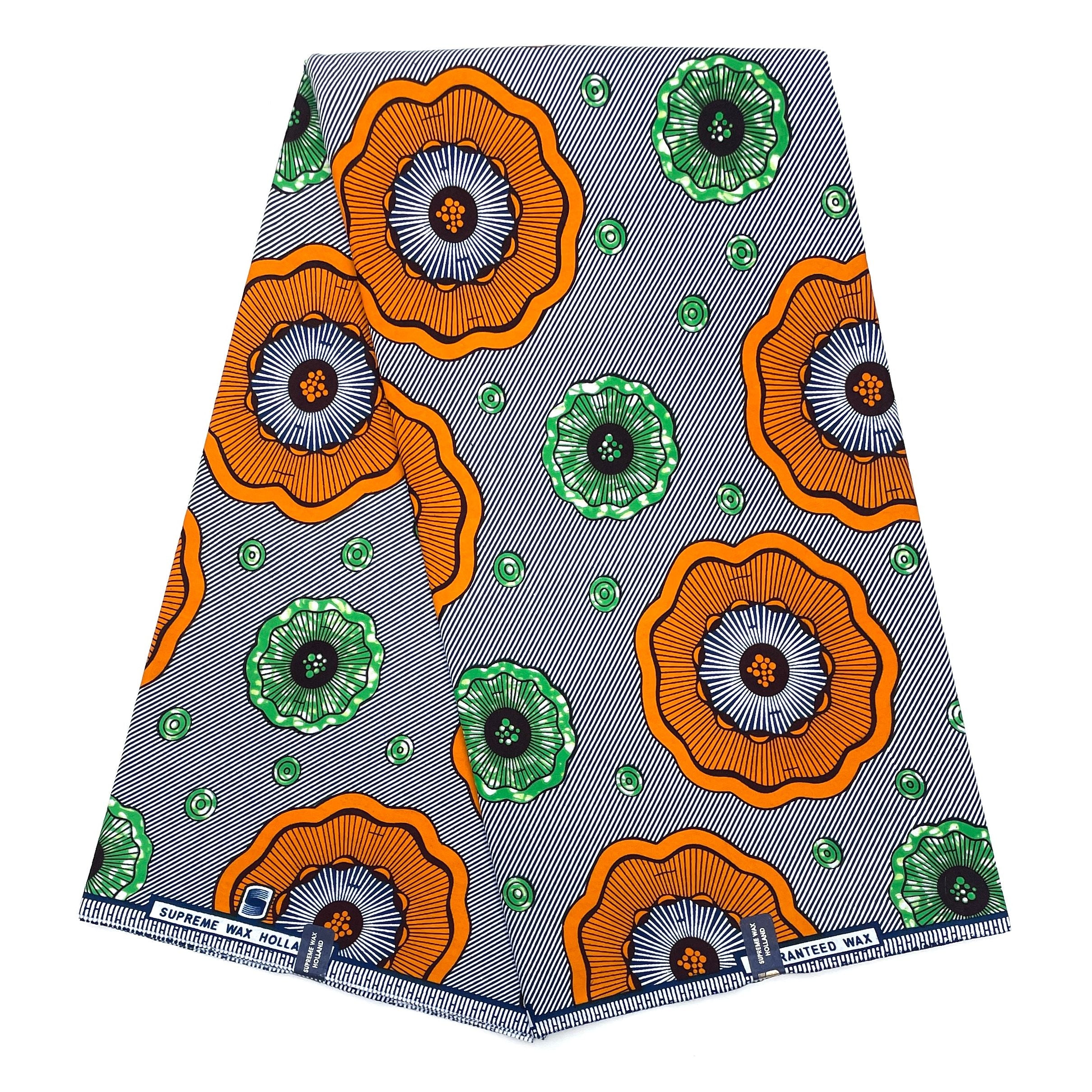 Tissu Pagne Africain - 6 Yards 100% Coton - SUPREME WAX - ORANGE / VERT