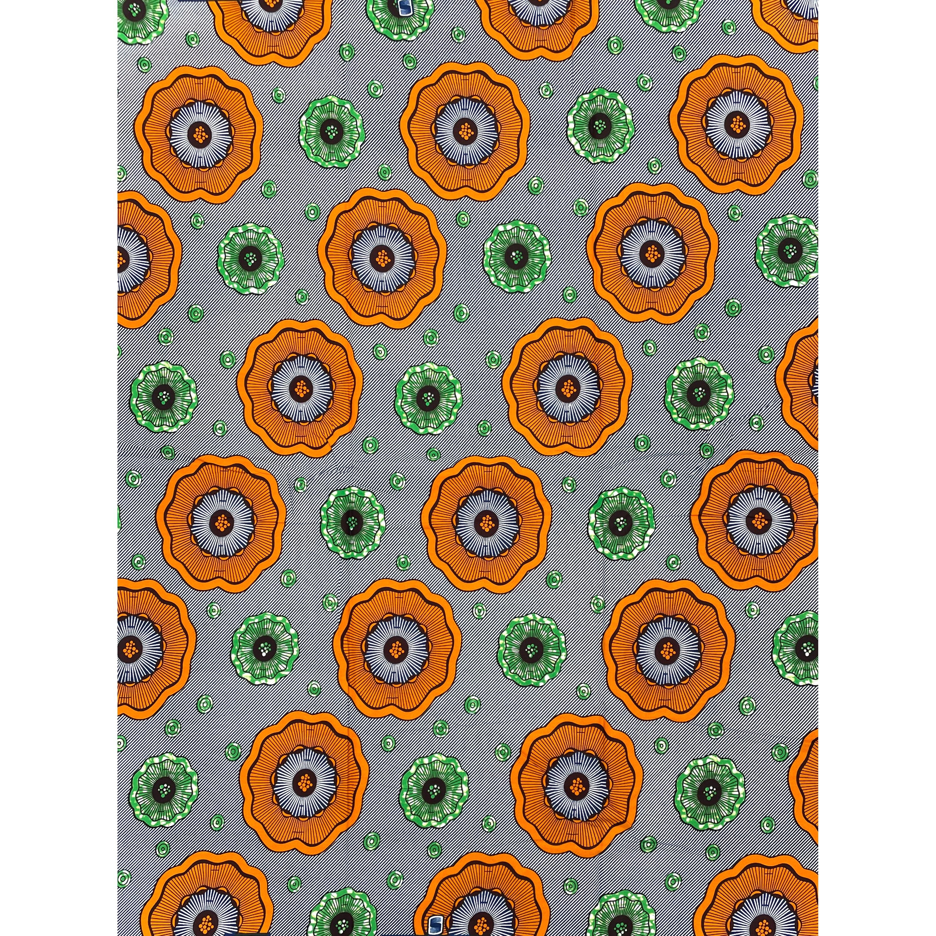Tissu Pagne Africain - 6 Yards 100% Coton - SUPREME WAX - ORANGE / VERT