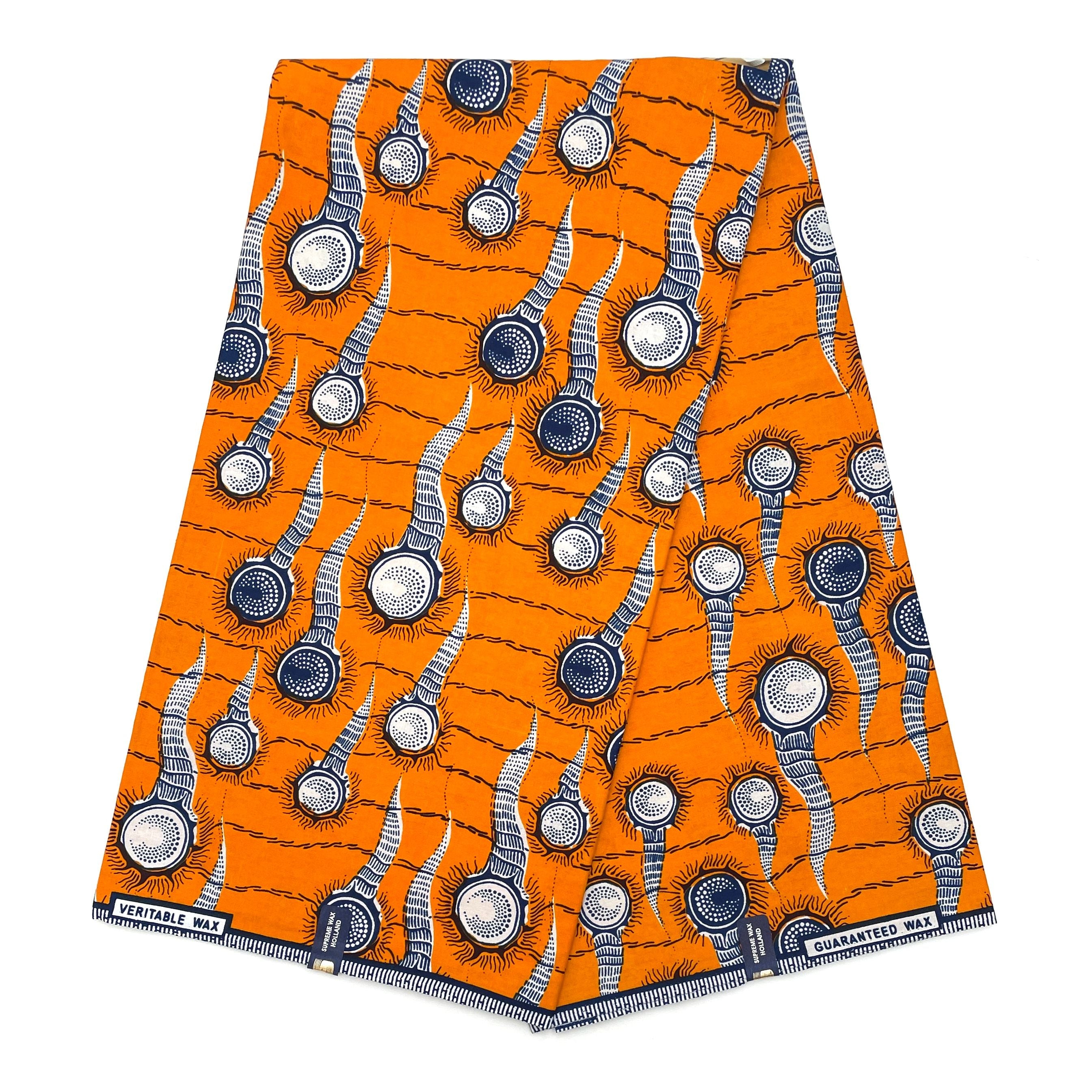 Tissu Pagne Africain - 6 Yards 100% Coton - SUPREME WAX - ORANGE / BLEU
