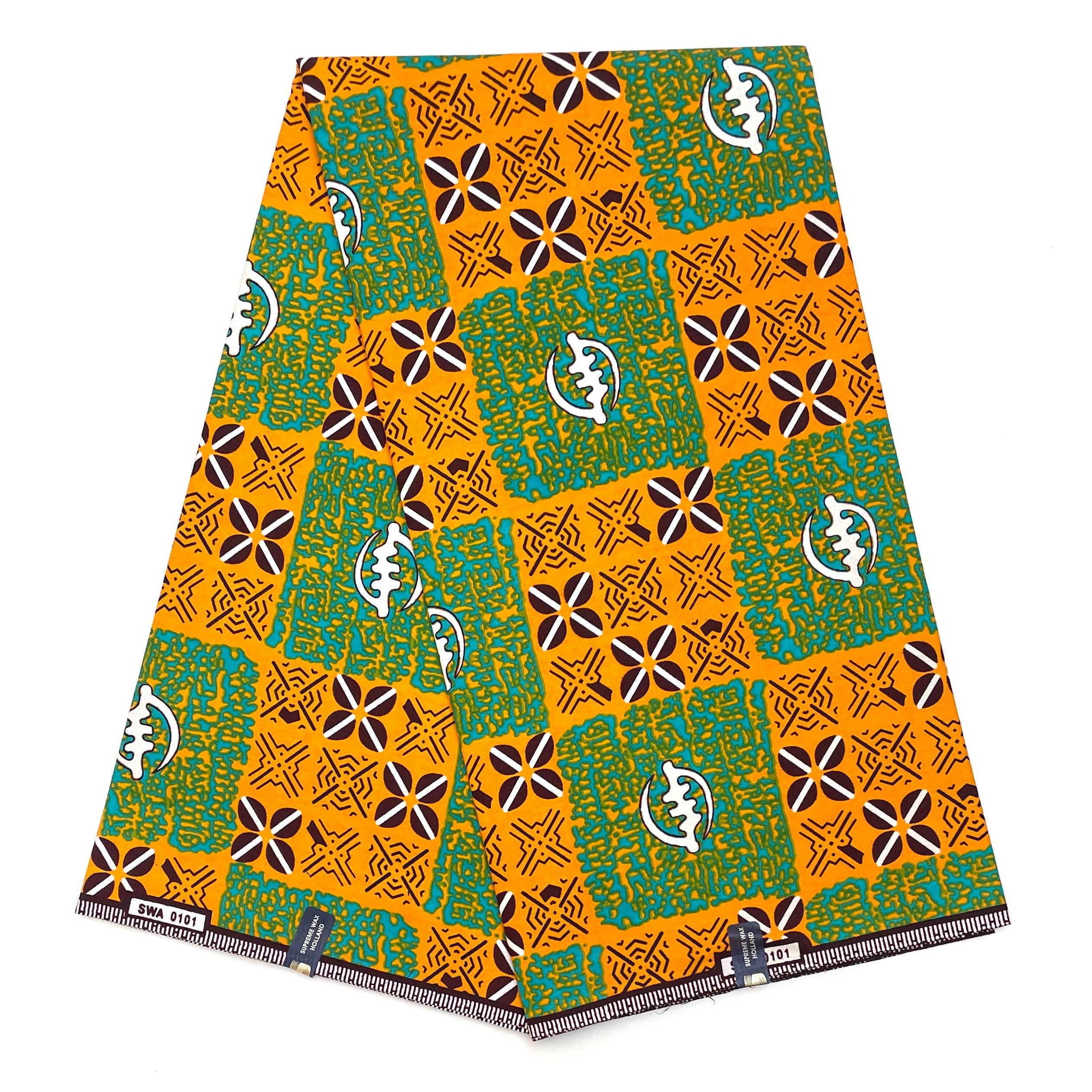 Tissu Pagne Africain - 6 Yards 100% Coton - SUPREME WAX - ORANGE / VERT