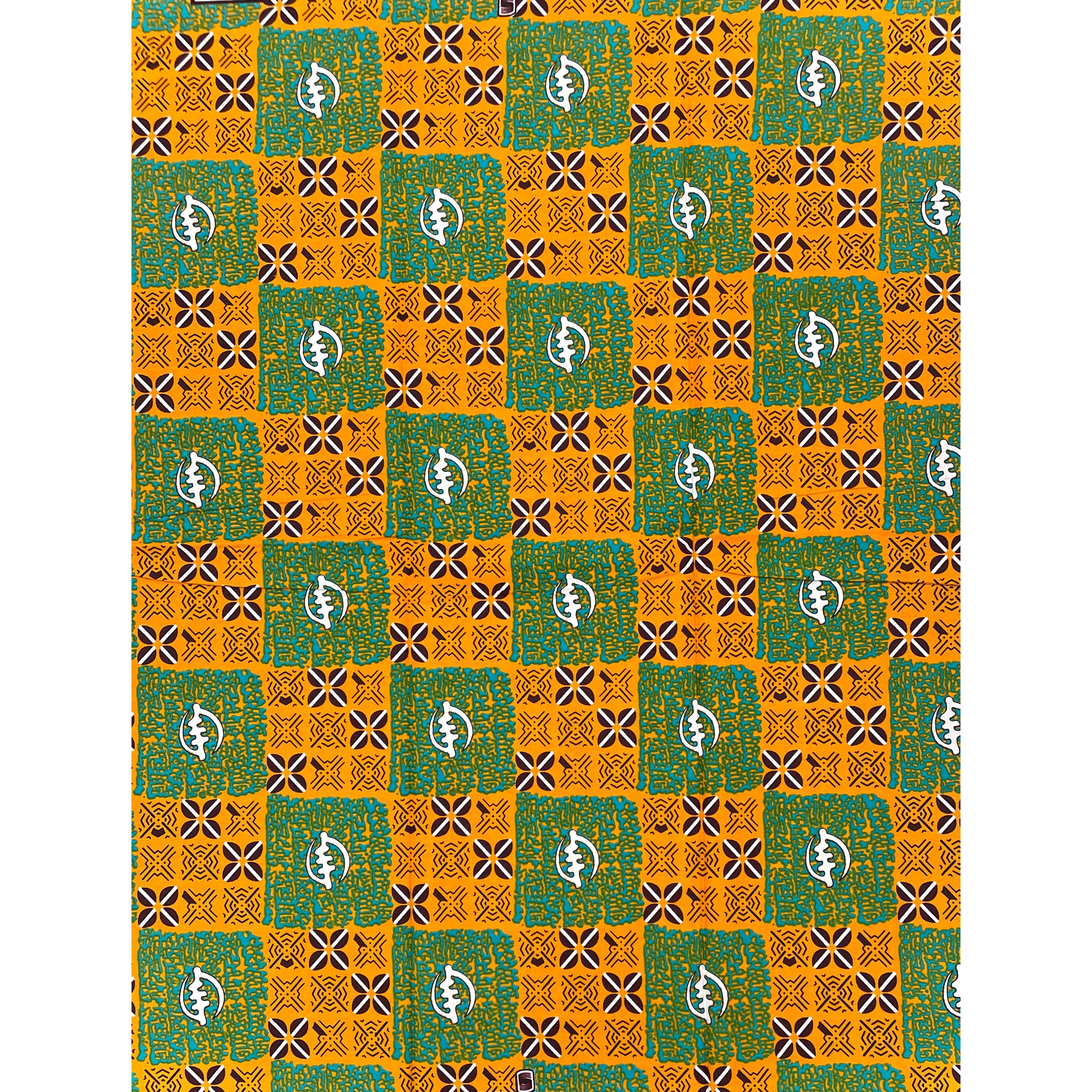 Tissu Pagne Africain - 6 Yards 100% Coton - SUPREME WAX - ORANGE / VERT