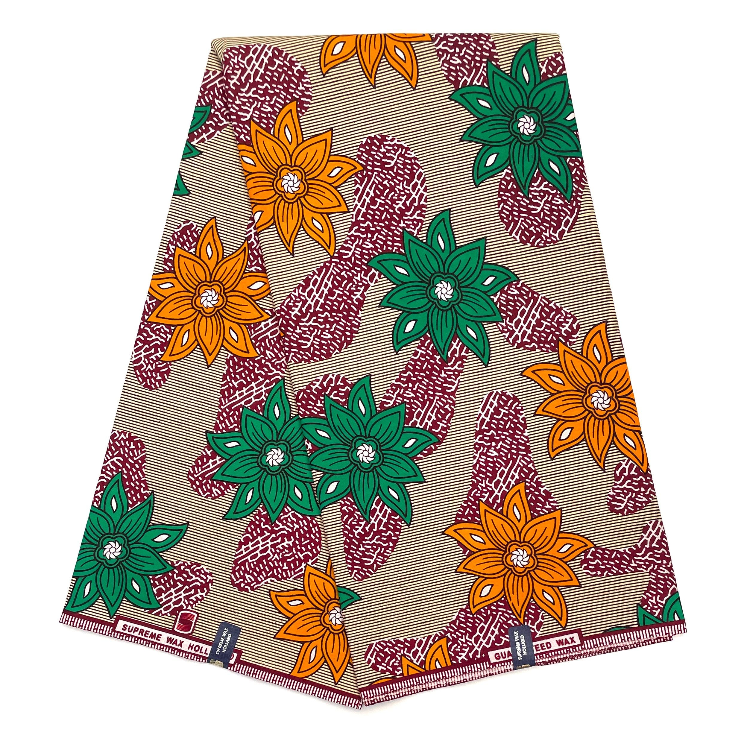 Tissu Pagne Africain - 6 Yards 100% Coton - SUPREME WAX - VERT / ORANGE