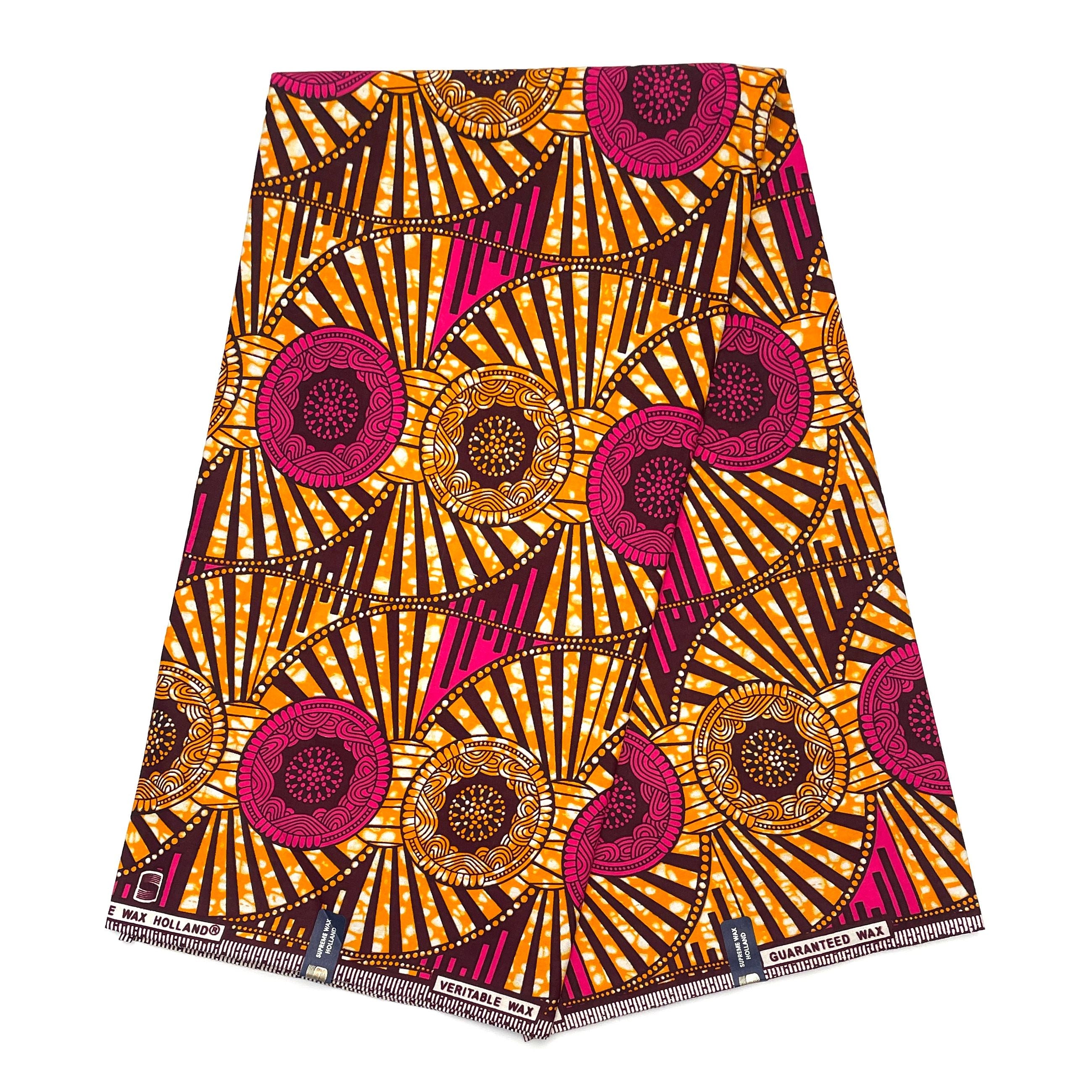 Tissu Pagne Africain - 6 Yards 100% Coton - SUPREME WAX - ORANGE / ROSE