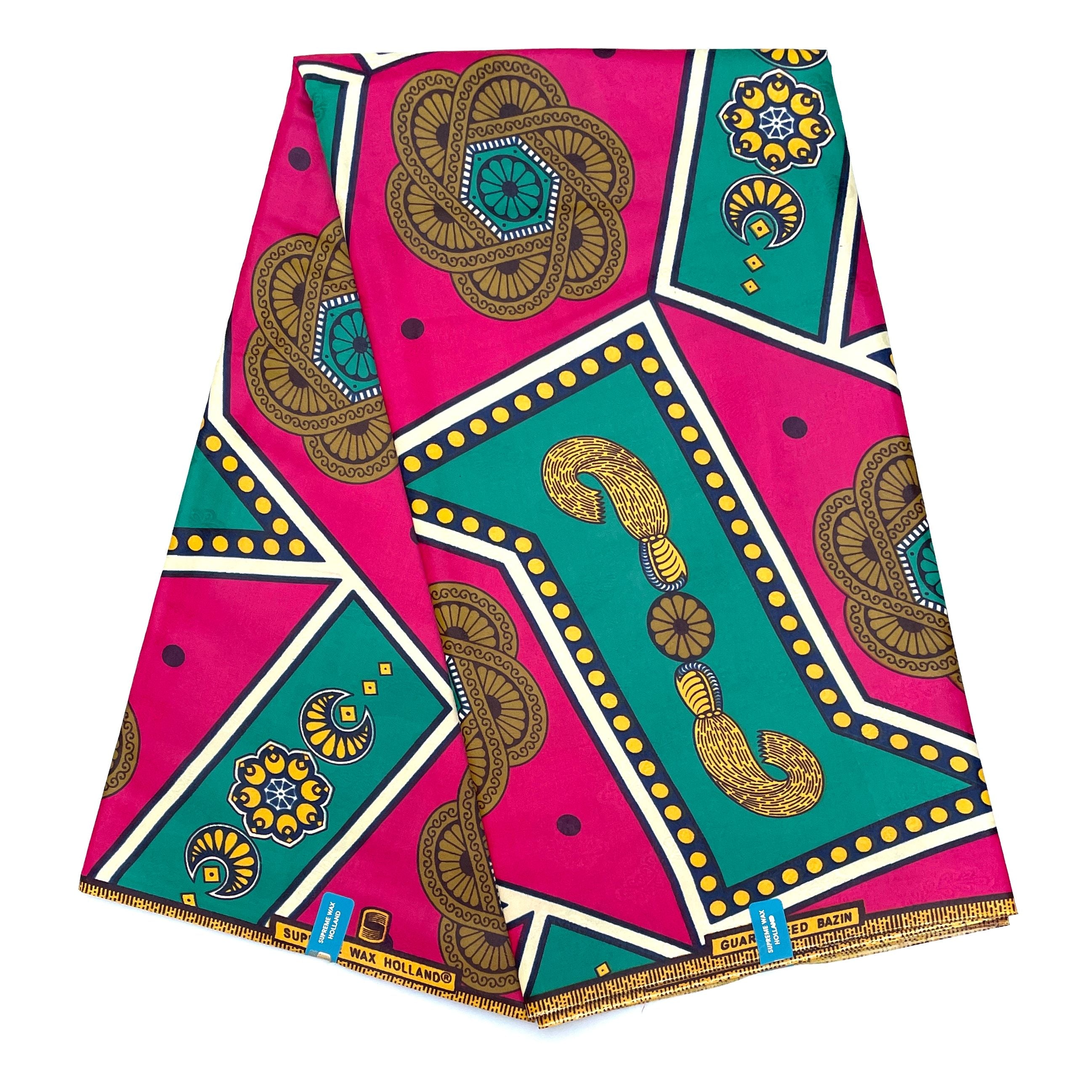 Supreme Bazin Wax Pagne Africain - Tissu 6 Yards Coton - ROSE / VERT