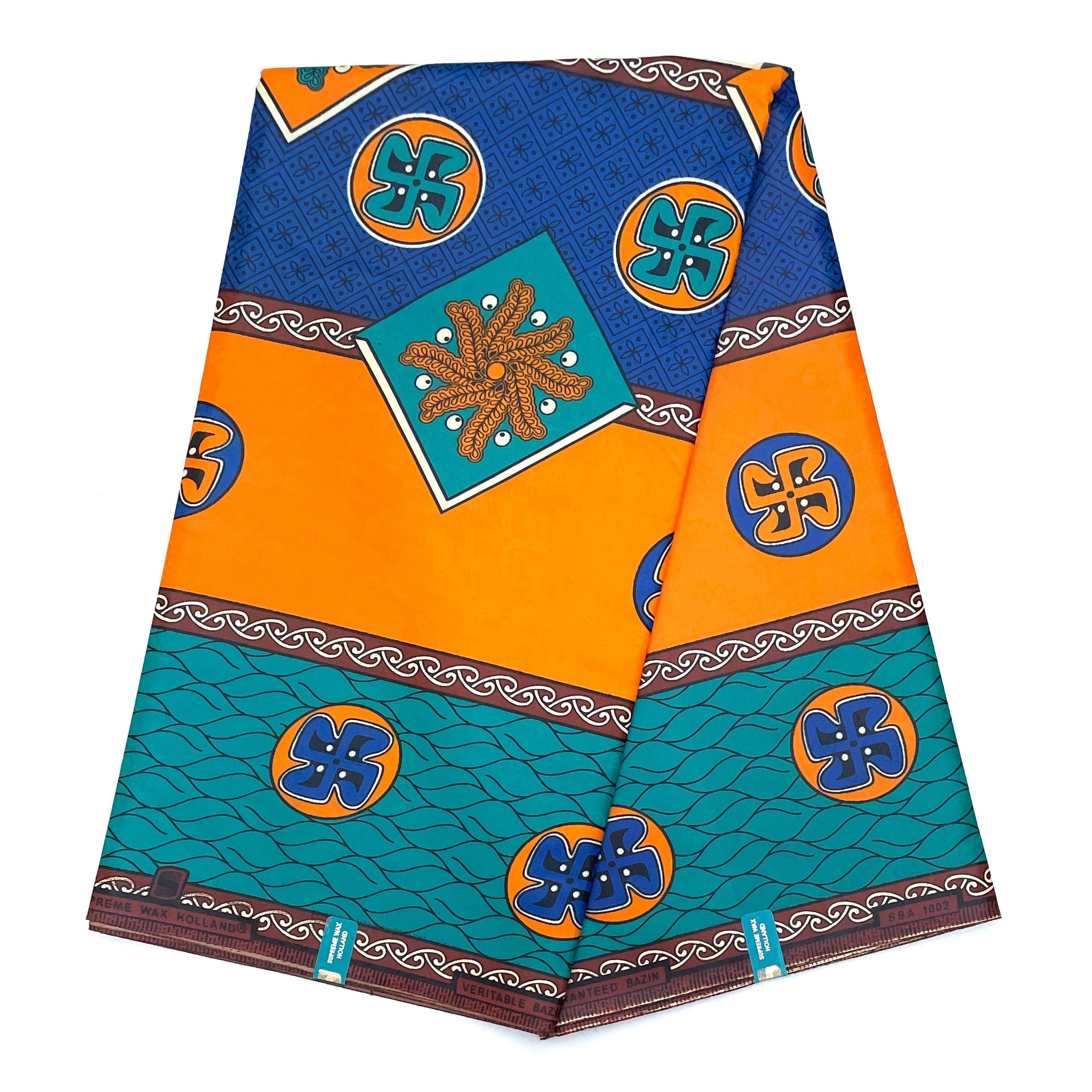 Supreme Bazin Wax Pagne Africain - Tissu 6 Yards Coton - ORANGE / BLEU