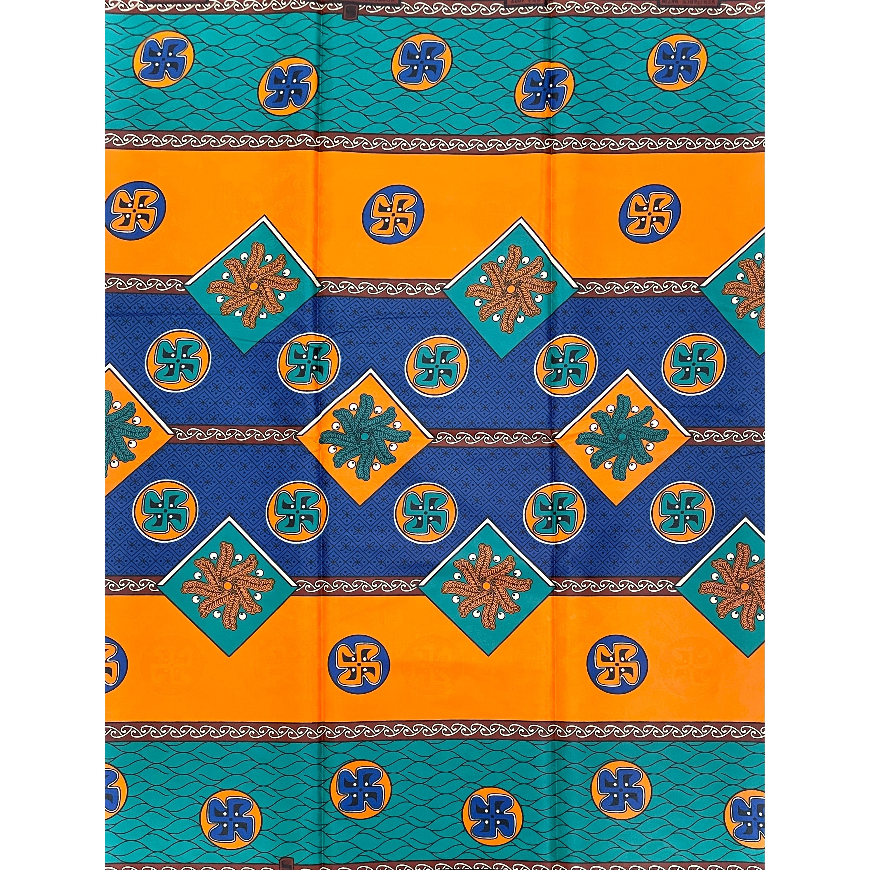 Supreme Bazin Wax Pagne Africain - Tissu 6 Yards Coton - ORANGE / BLEU
