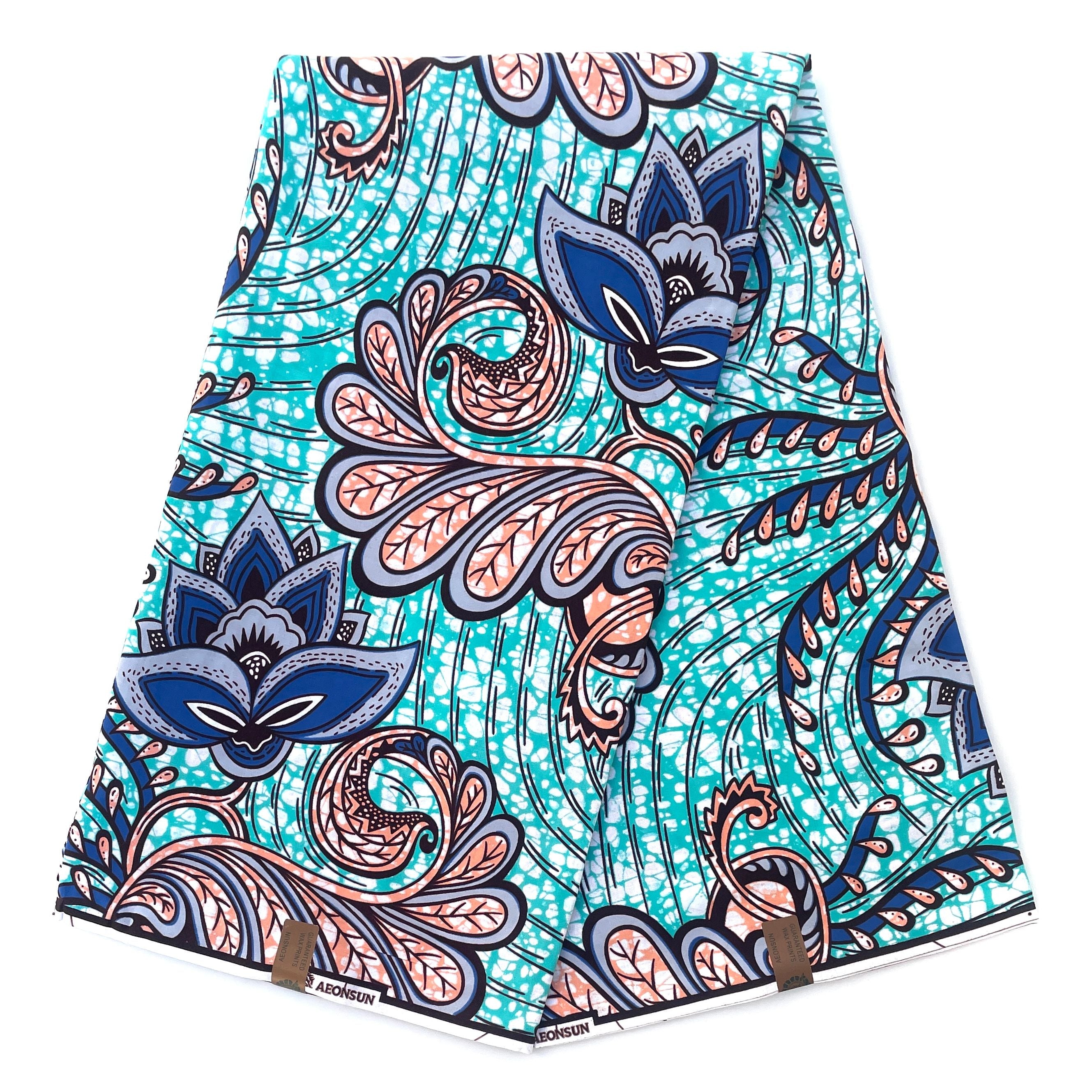 Wax Pagne Africain - Tissu 6 Yards 100% Coton - BLEU / TURQUOISE