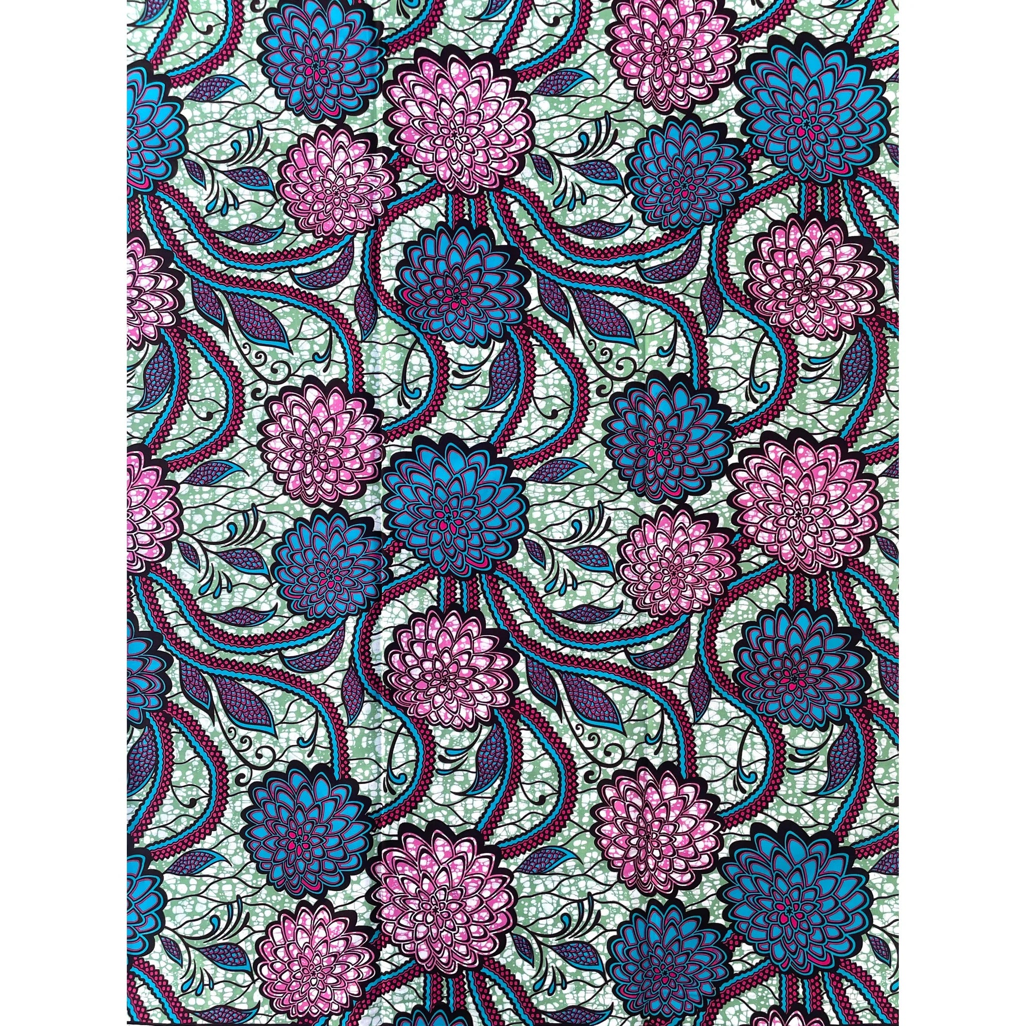 Wax Tissu Pagne Africain - Coupon 2 Yards 100% Coton - VERT / BLEU / ROSE