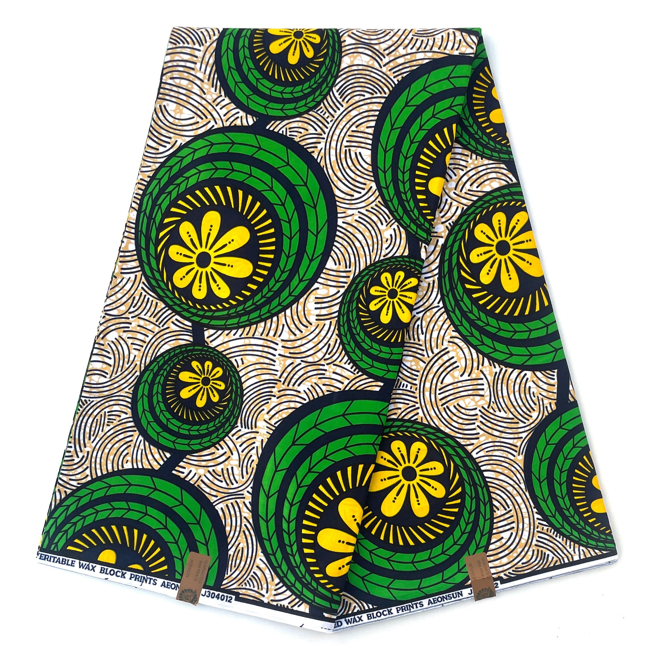 Wax Pagne Africain - Tissu 6 Yards 100% Coton - VERT / JAUNE
