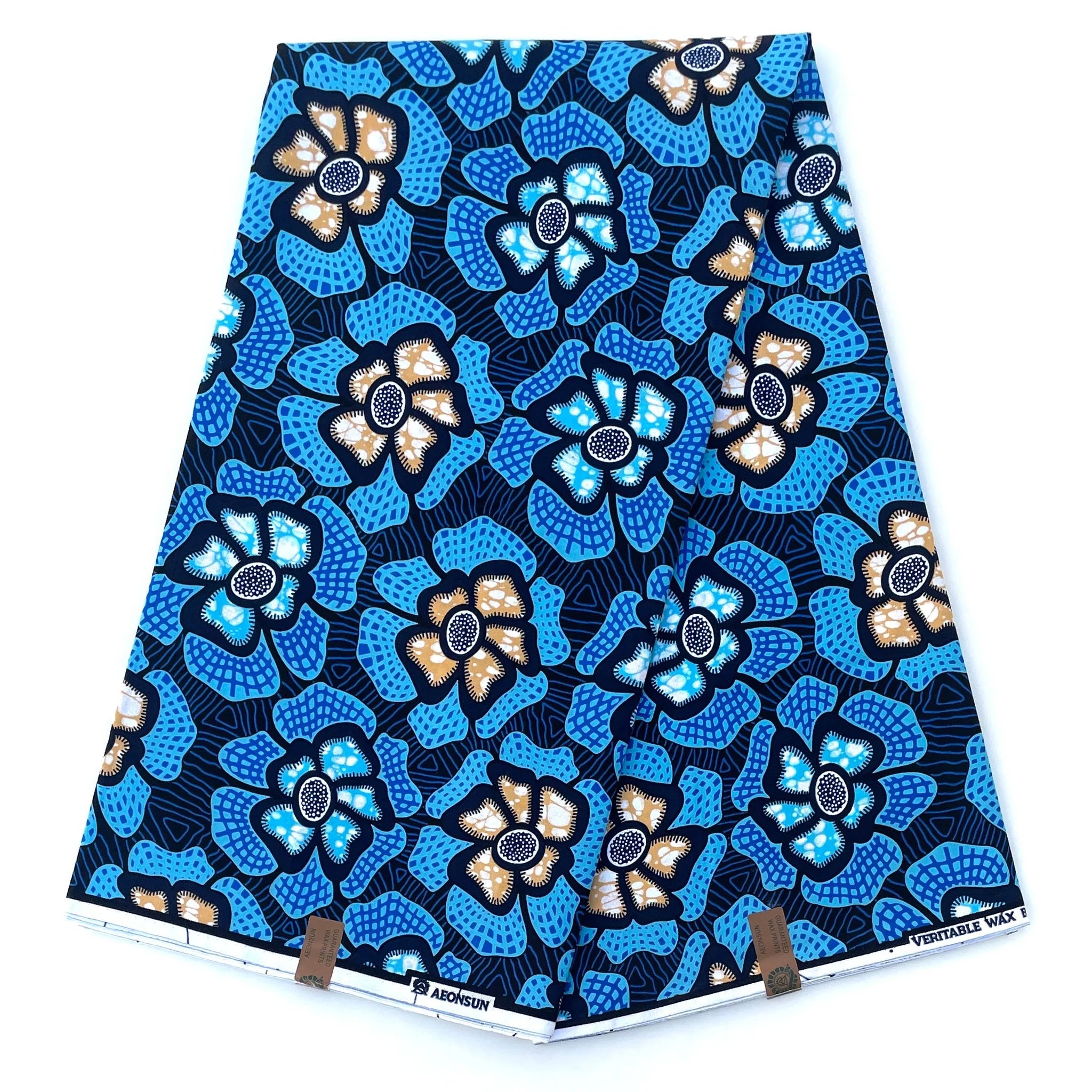 Wax Tissu Pagne Africain - Coupon 2 Yards 100% Coton - BLEU / BEIGE
