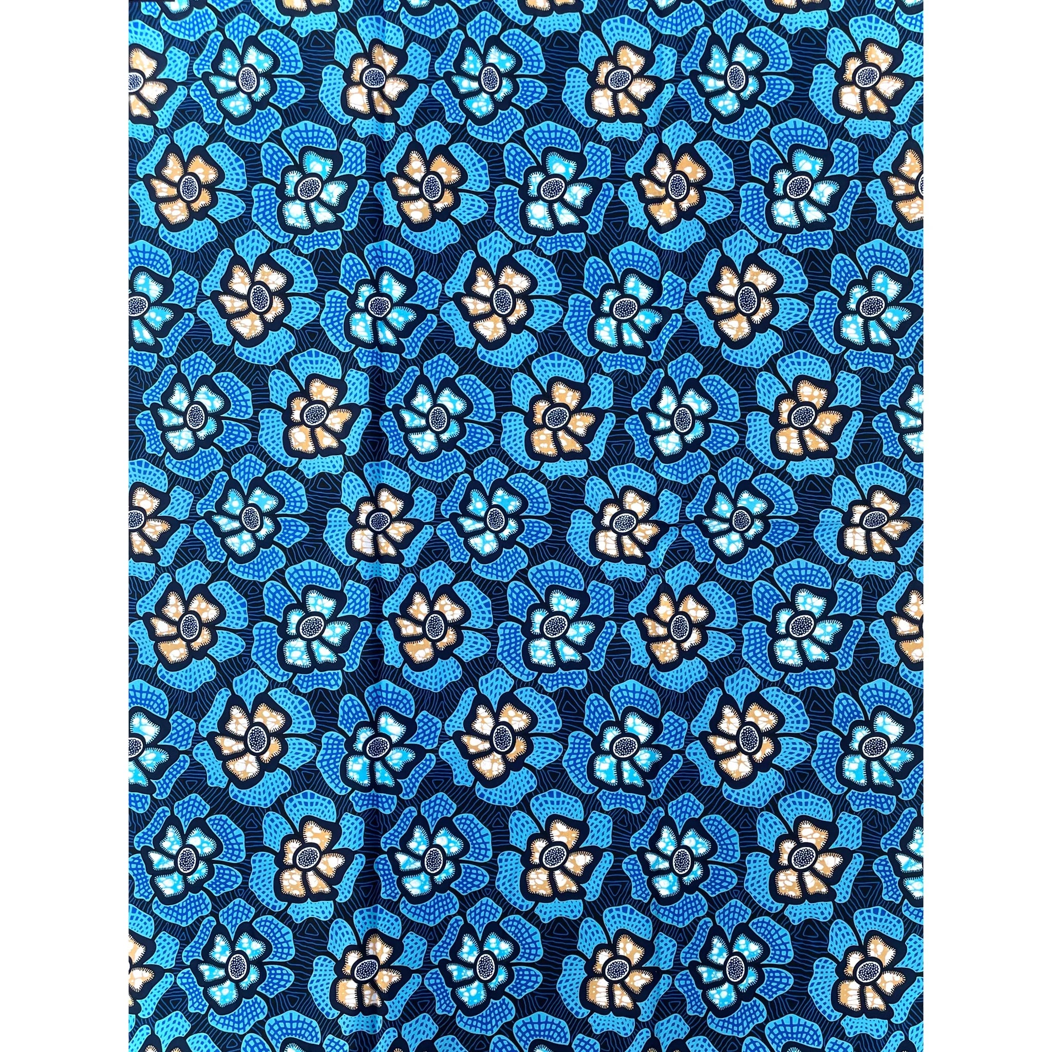 Wax Tissu Pagne Africain - Coupon 2 Yards 100% Coton - BLEU / BEIGE