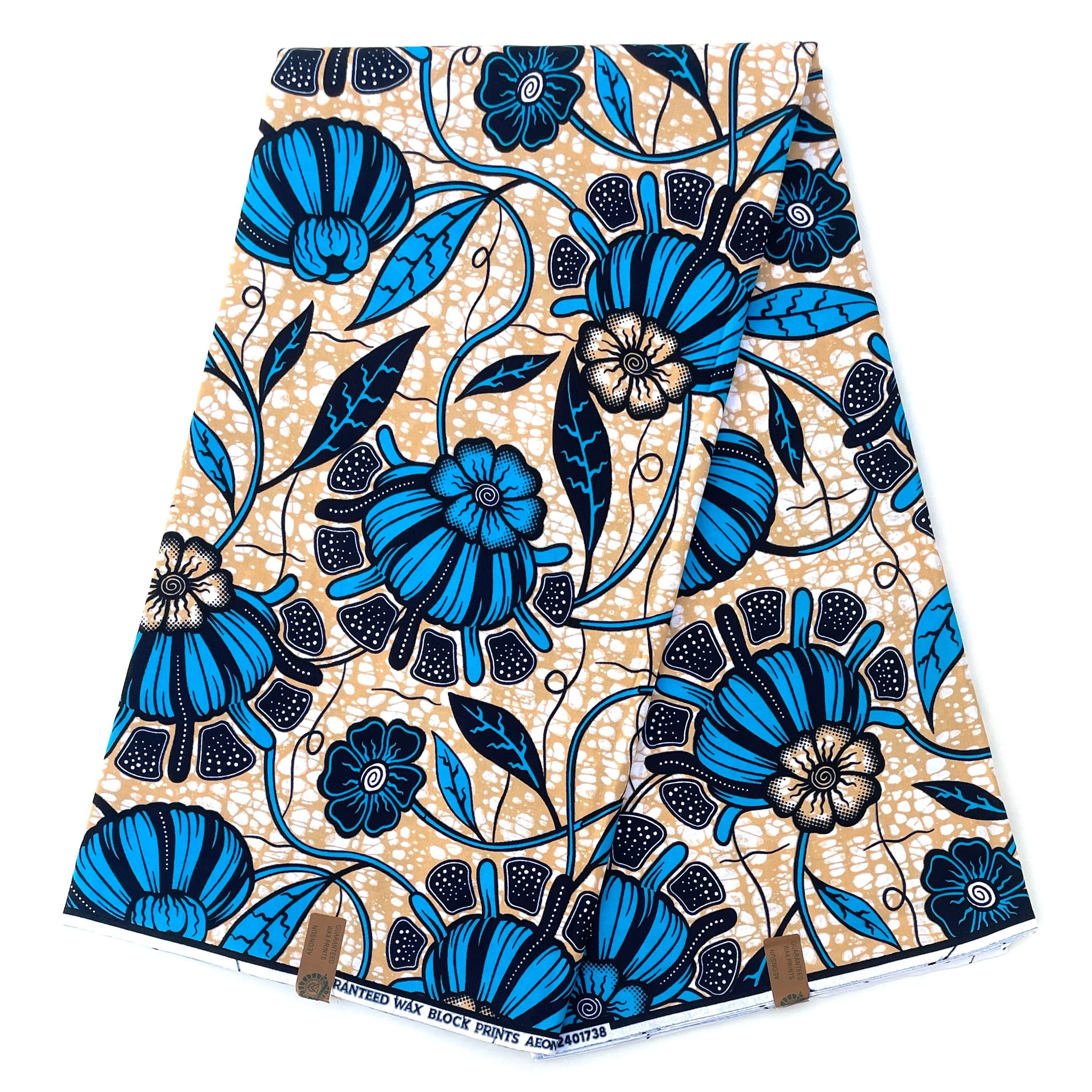 Wax Pagne Africain - Tissu 6 Yards 100% Coton - BLEU / BEIGE