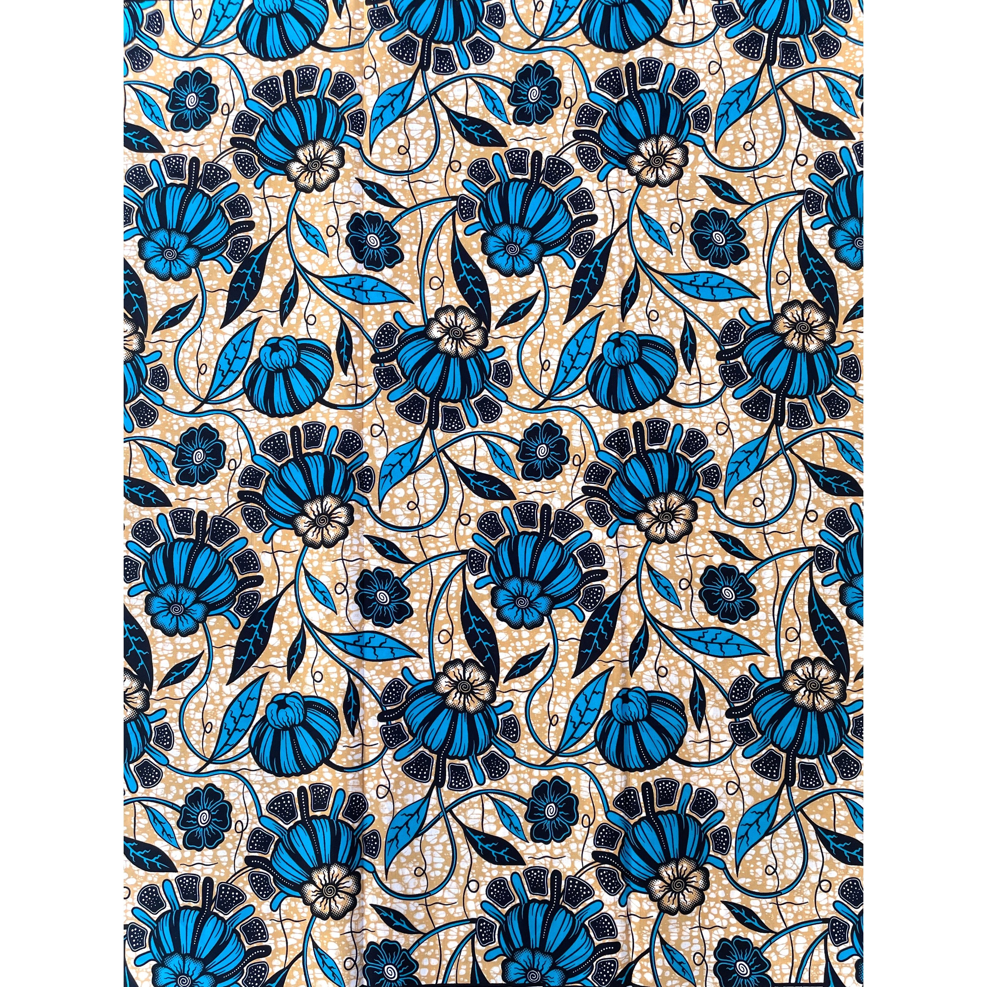 Wax Pagne Africain - Tissu 6 Yards 100% Coton - BLEU / BEIGE