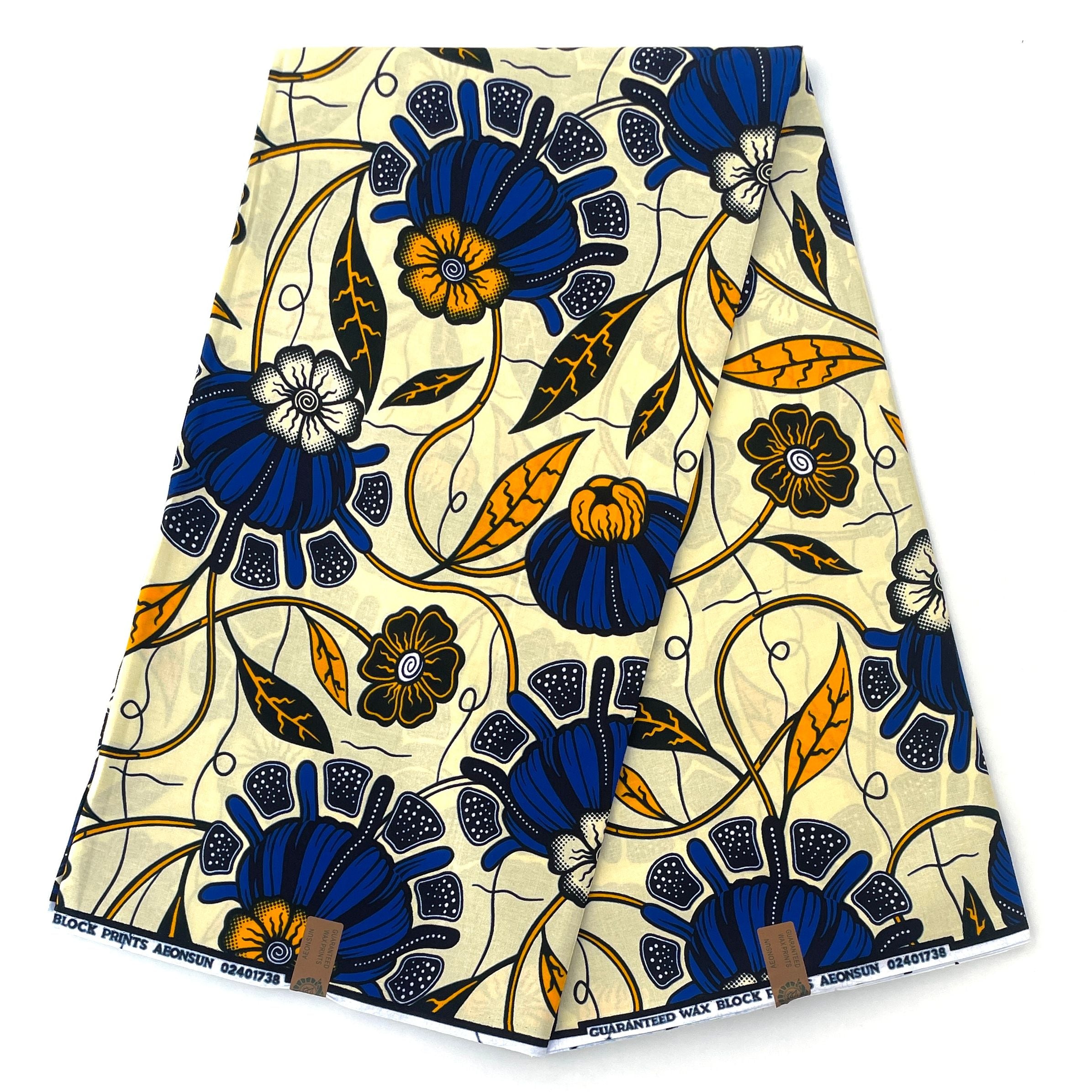 Wax Pagne Africain - Tissu 6 Yards 100% Coton - BEIGE / BLEU