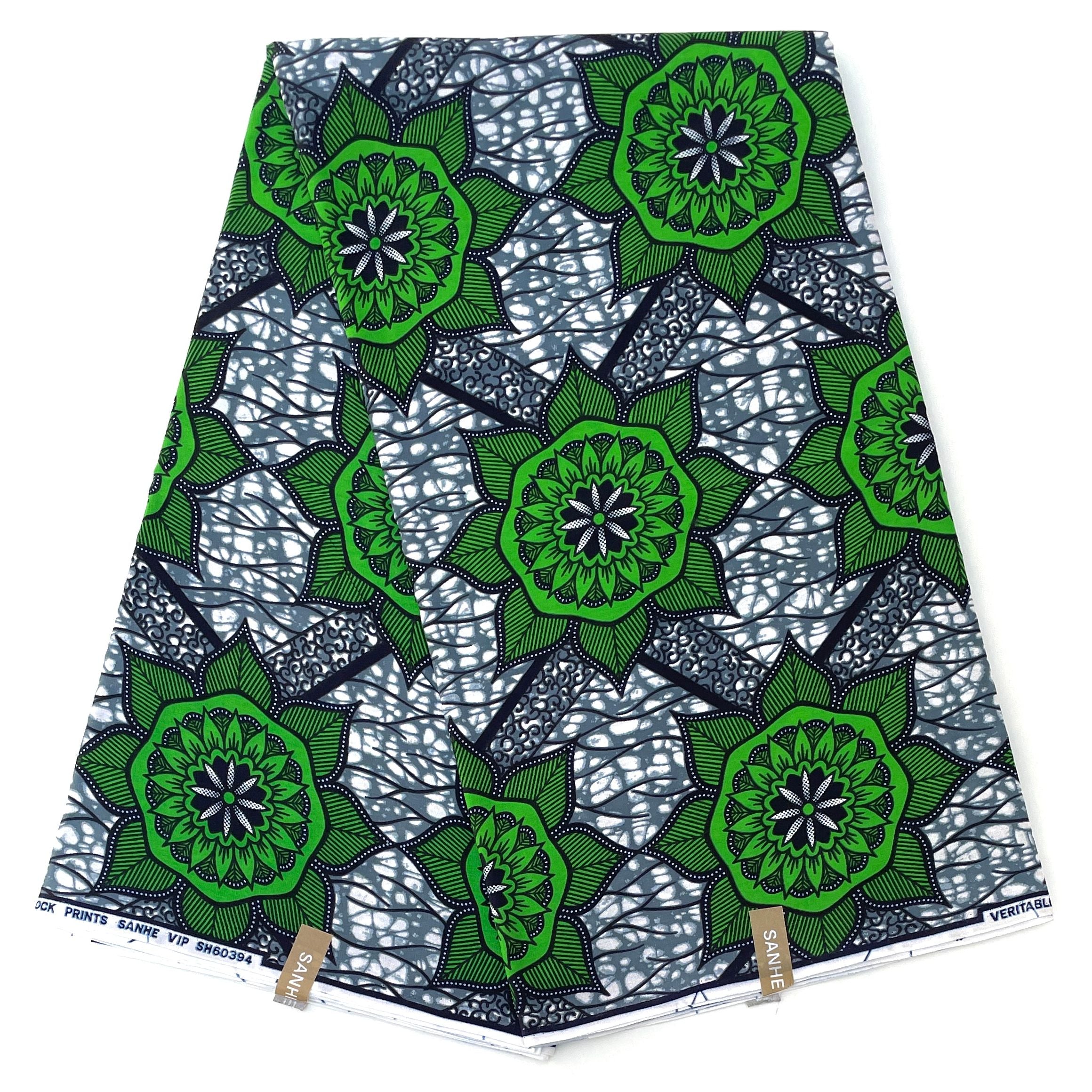 Wax Pagne Africain - Tissu 100% Coton - VERT / GRIS