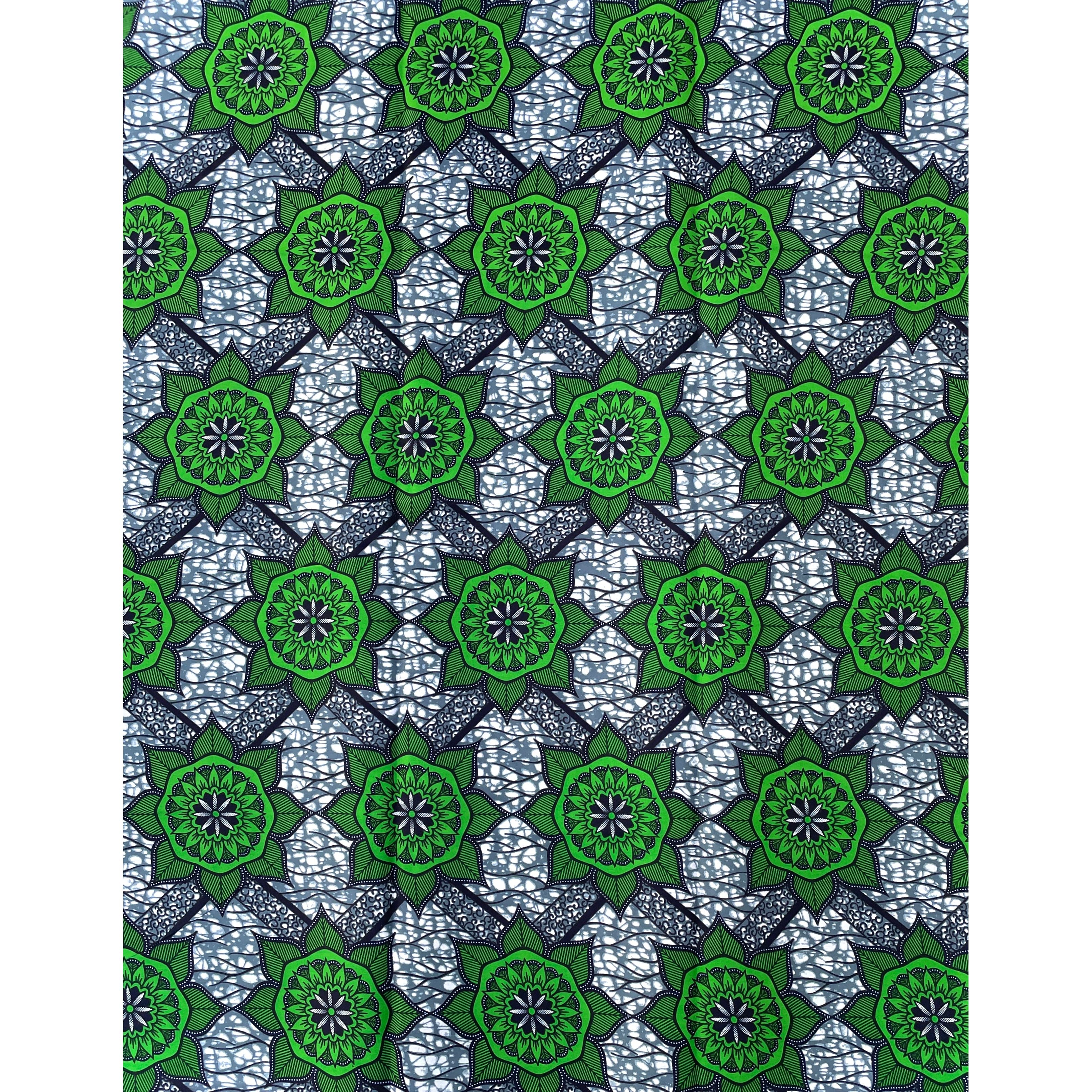 Wax Pagne Africain - Tissu 100% Coton - VERT / GRIS