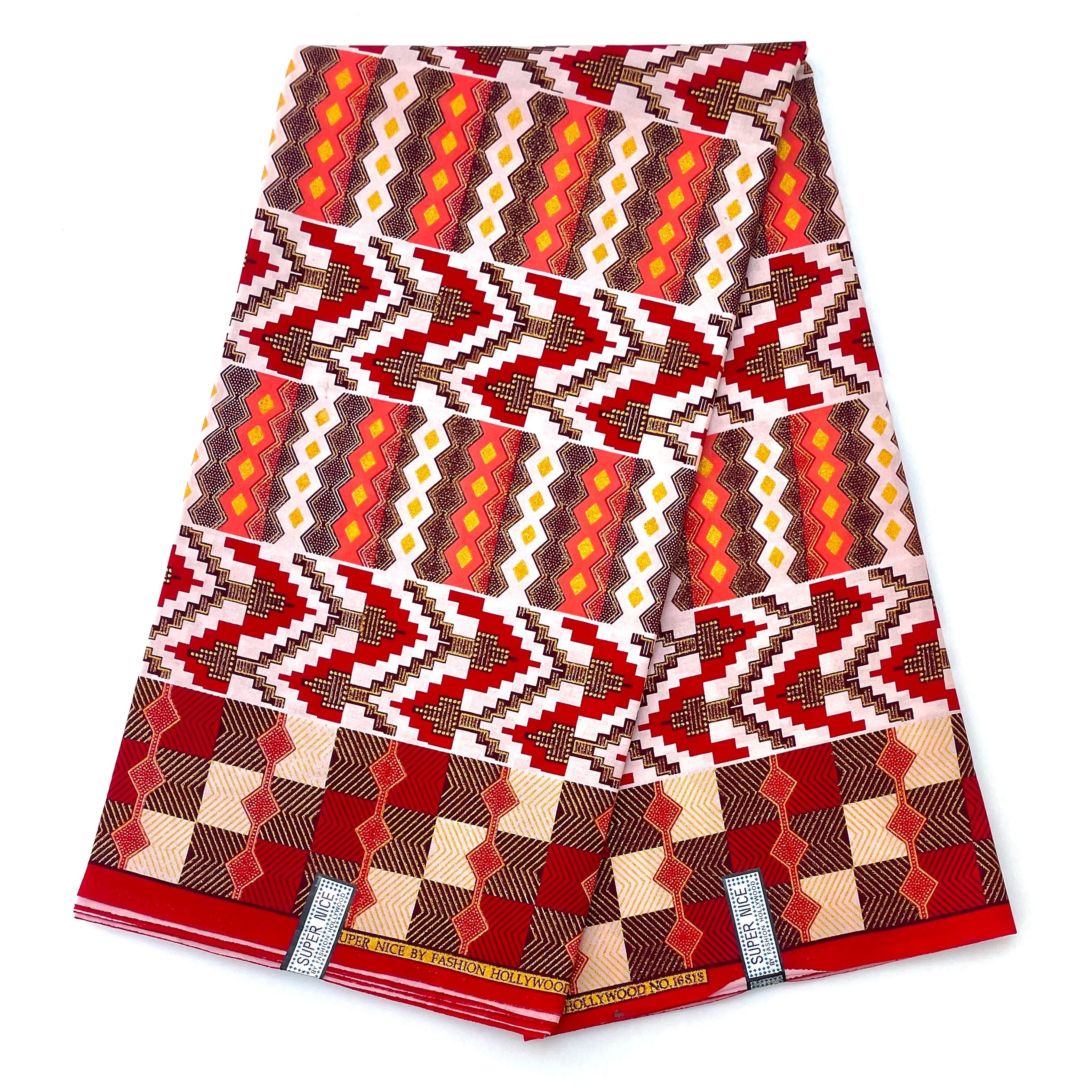 Wax Pagne Africain - Tissu 6 Yards 100% Coton - Pailleté et Brillant - ROUGE / DORÉ