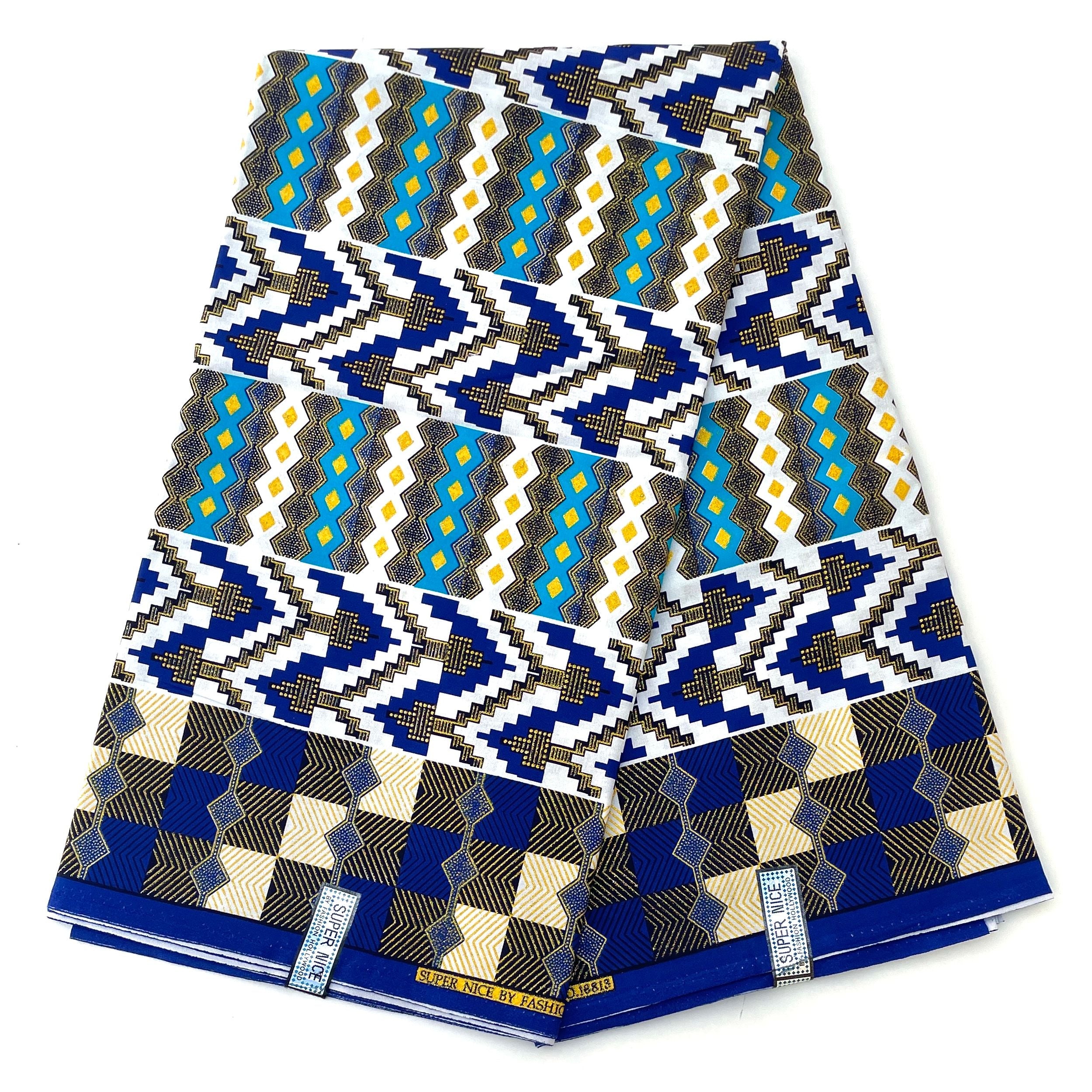 Wax Pagne Africain - Tissu 6 Yards 100% Coton - Pailleté et Brillant - BLEU / DORÉ