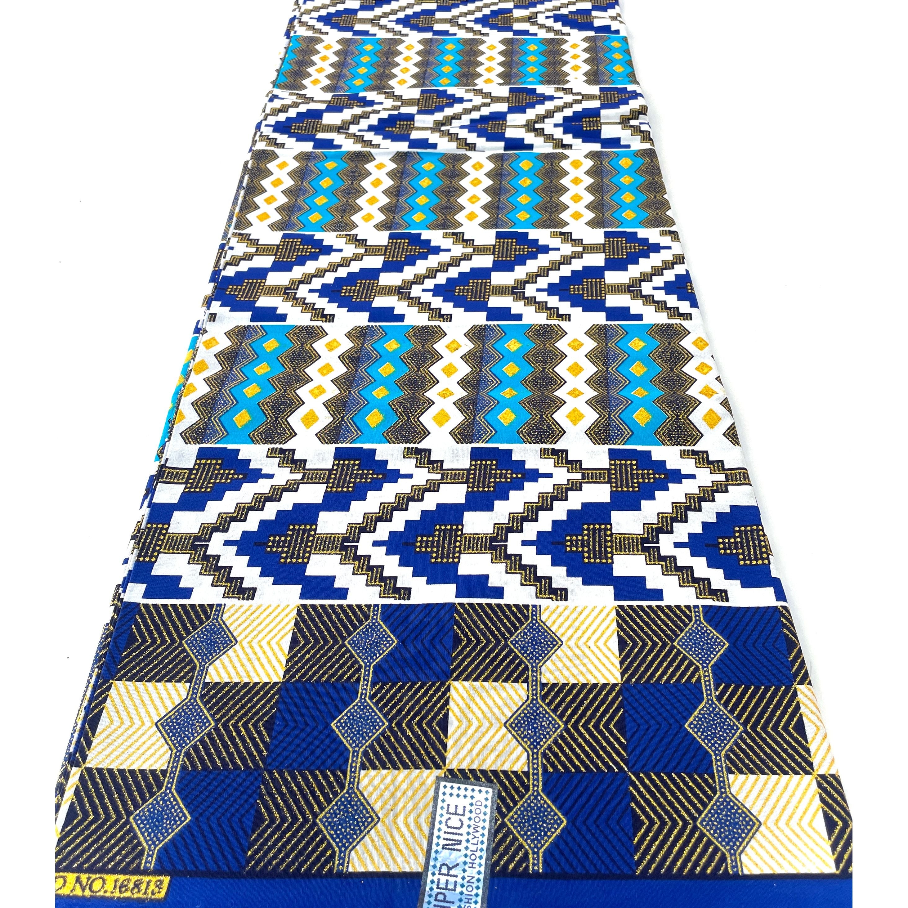 Wax Pagne Africain - Tissu 6 Yards 100% Coton - Pailleté et Brillant - BLEU / DORÉ
