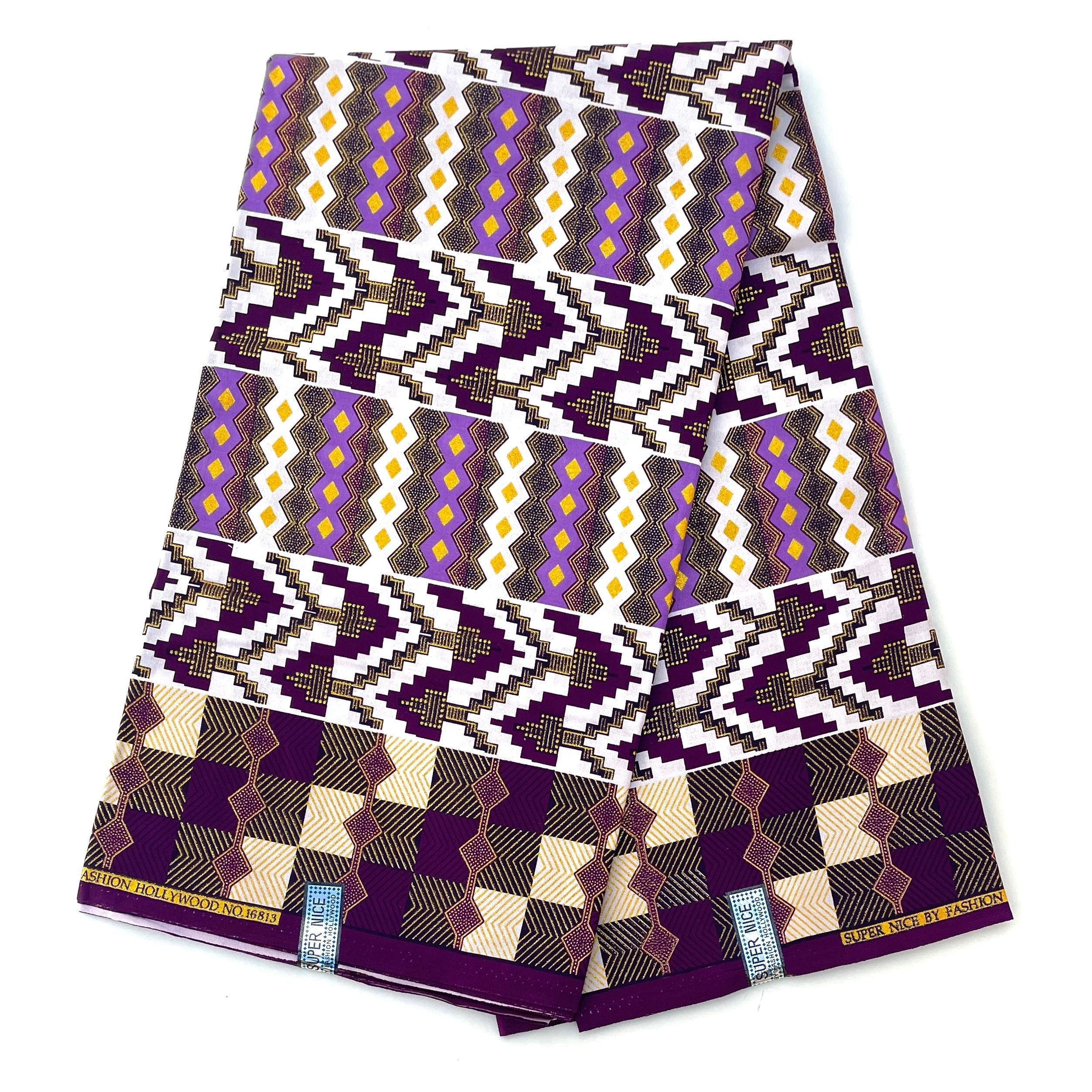 Wax Pagne Africain - Tissu 6 Yards 100% Coton - Pailleté et Brillant - VIOLET / DORÉ