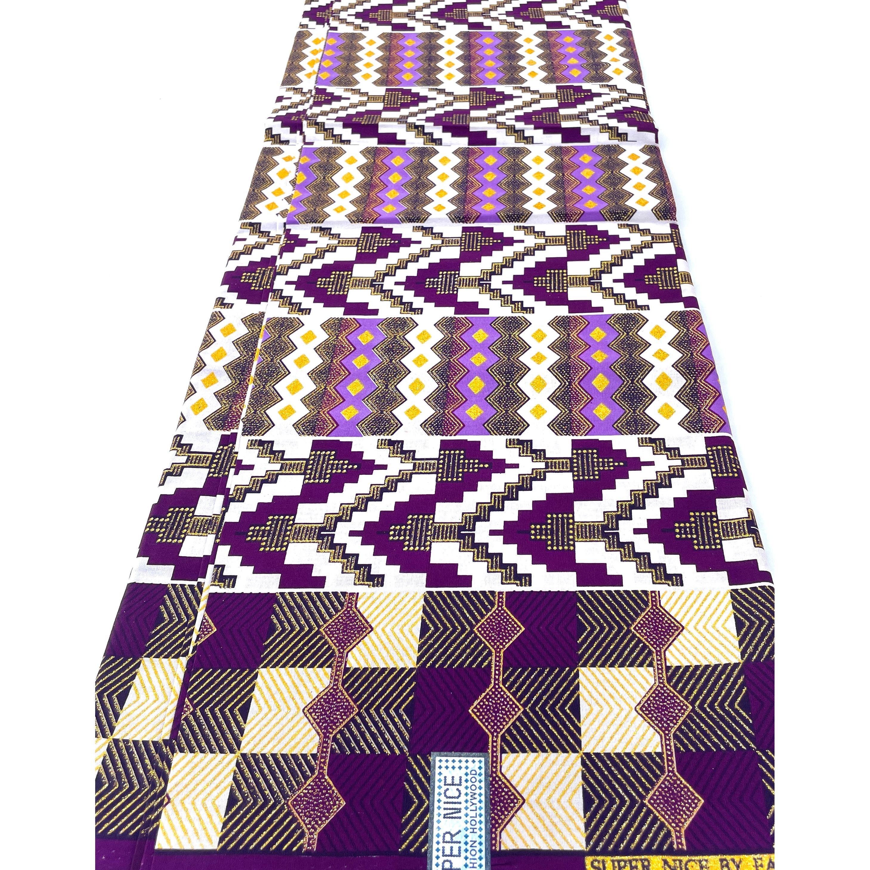 Wax Pagne Africain - Tissu 6 Yards 100% Coton - Pailleté et Brillant - VIOLET / DORÉ