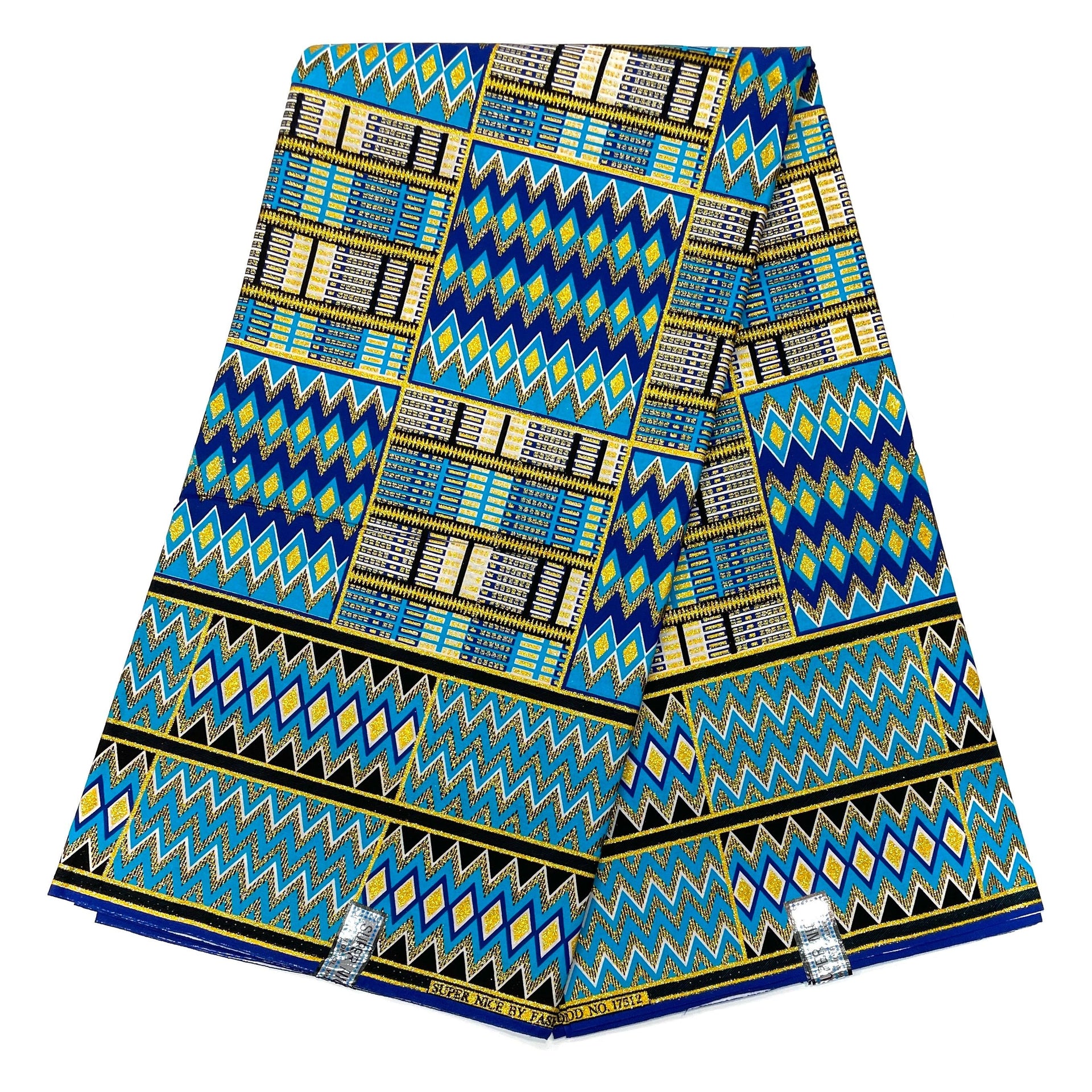 Wax Pagne Africain - Tissu 6 Yards 100% Coton - Pailleté et Brillant - BLEU / DORÉ