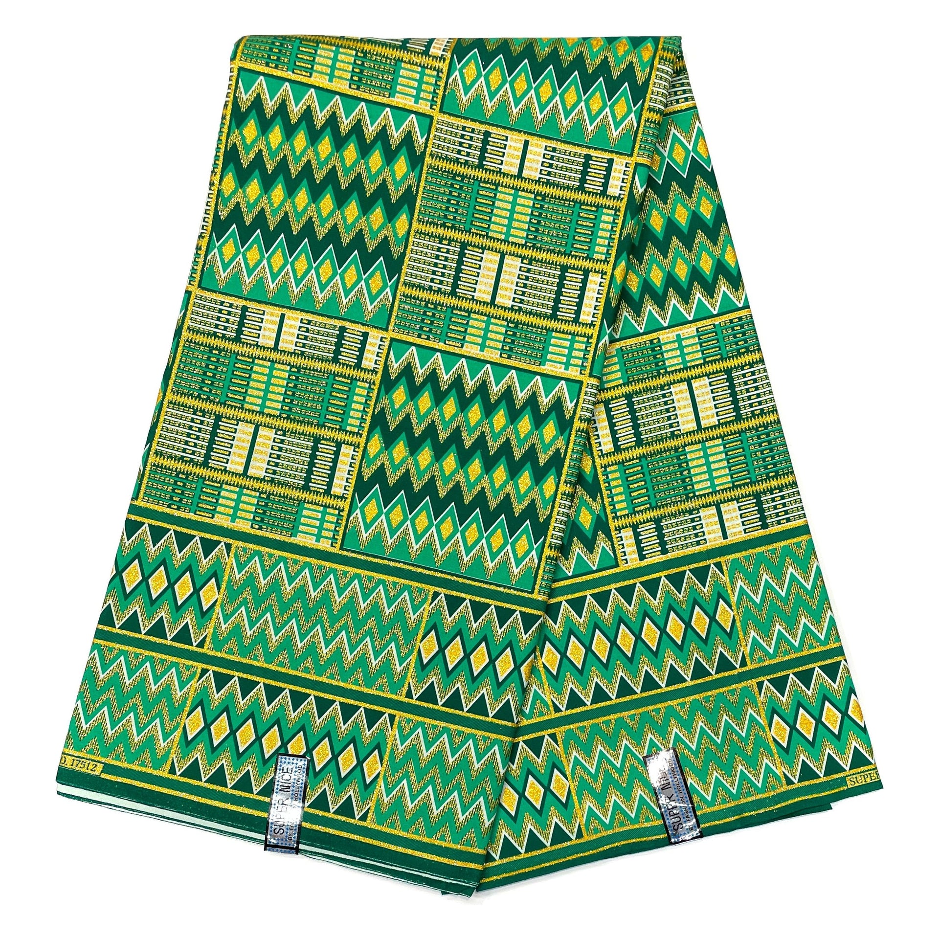 Wax Pagne Africain - Tissu 6 Yards 100% Coton - Pailleté et Brillant - VERT / DORÉ