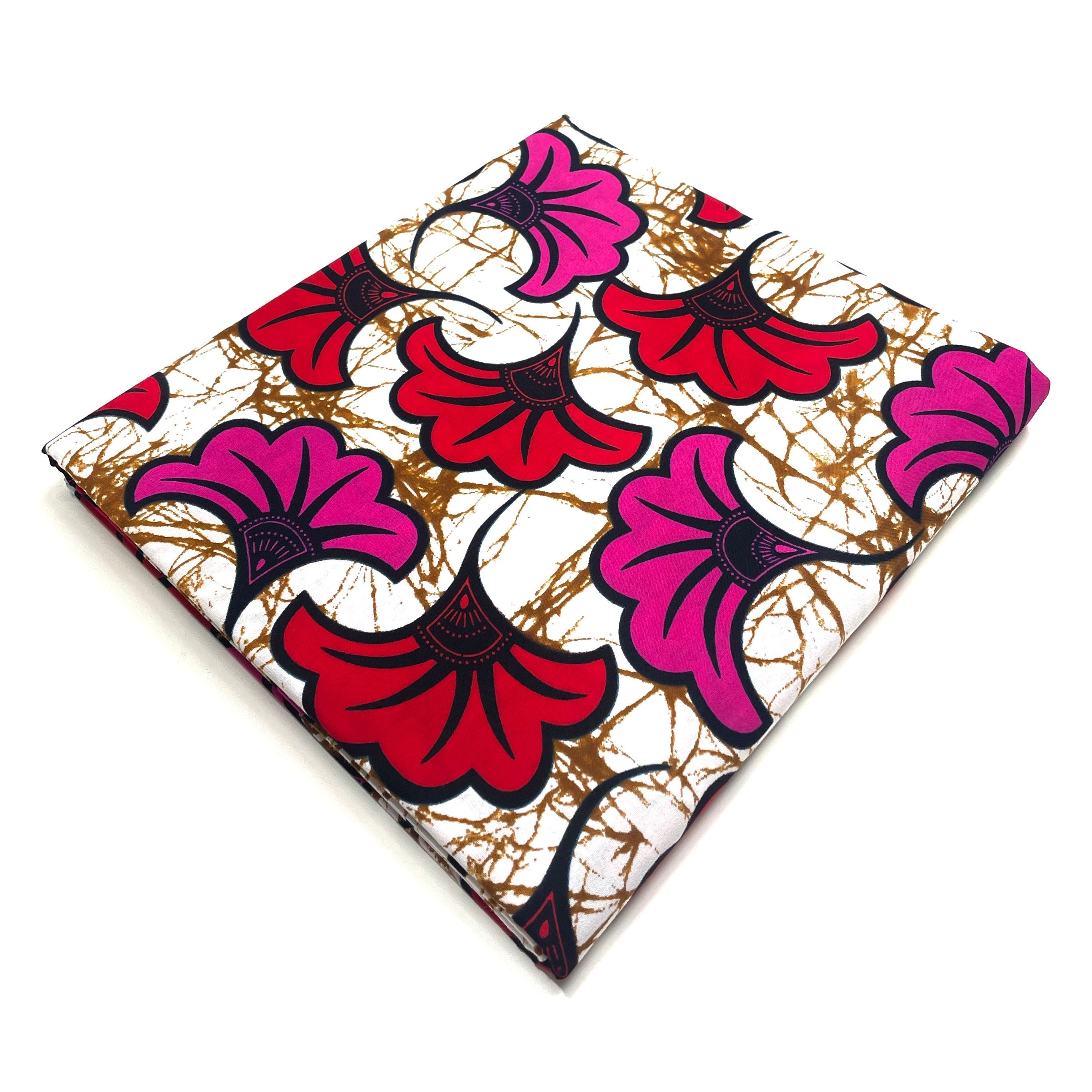 Wax Tissu Pagne Africain - Coupon 2 Yards 100% Coton - BEIGE / ROUGE / ROSE
