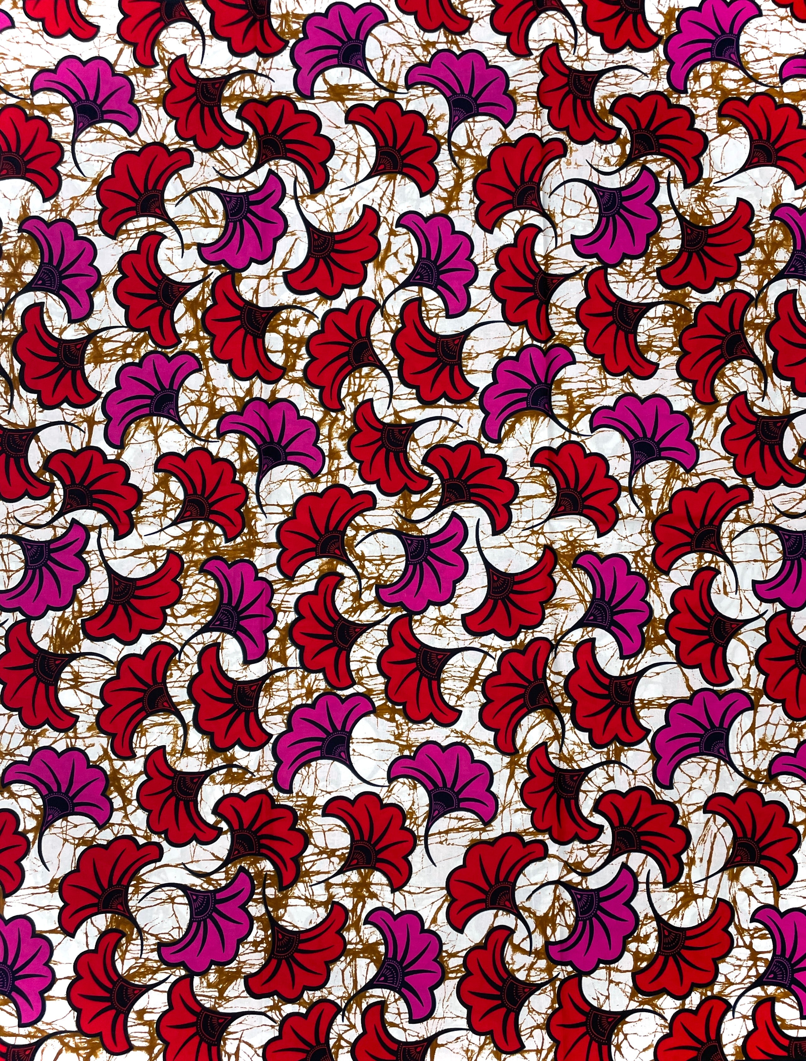 Wax Pagne Africain - Tissu 6 Yards 100% Coton - BEIGE / ROUGE / ROSE