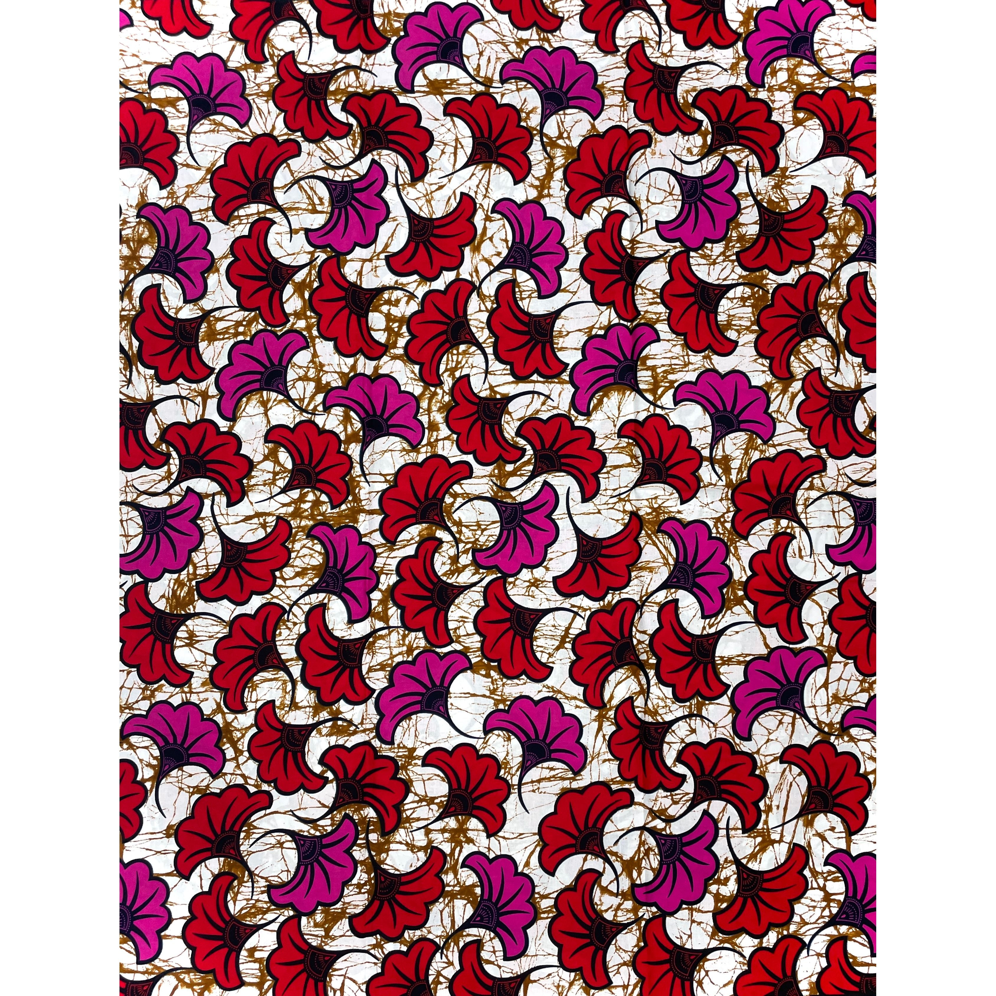 Wax Tissu Pagne Africain - Coupon 2 Yards 100% Coton - BEIGE / ROUGE / ROSE
