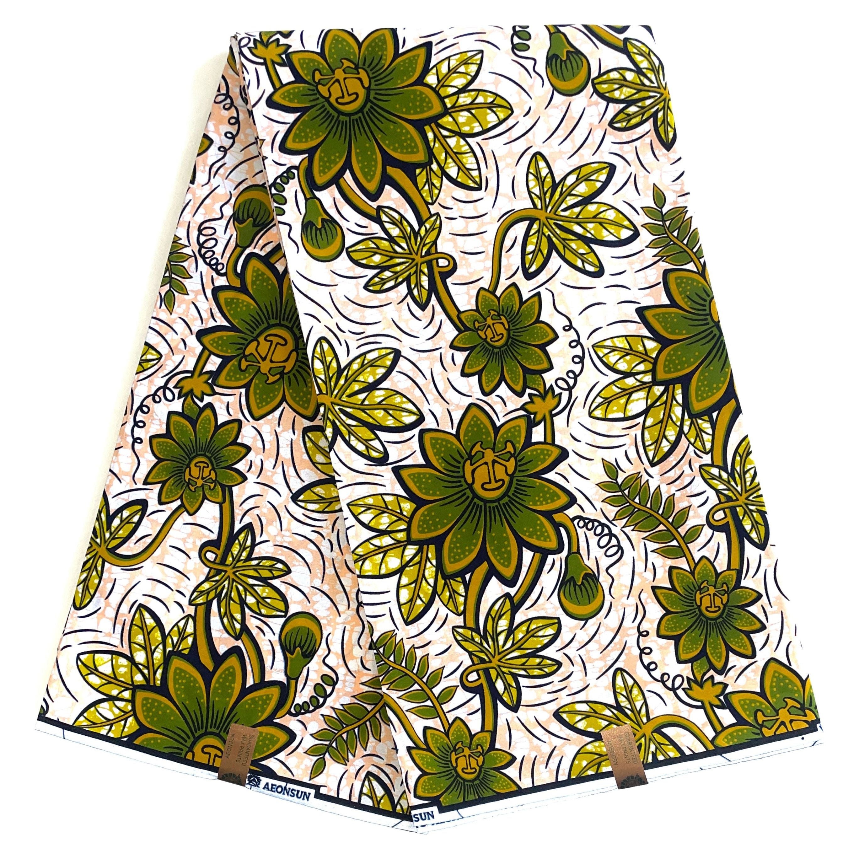 Wax Pagne Africain - Tissu 6 Yards 100% Coton - VERT KAKI / BEIGE