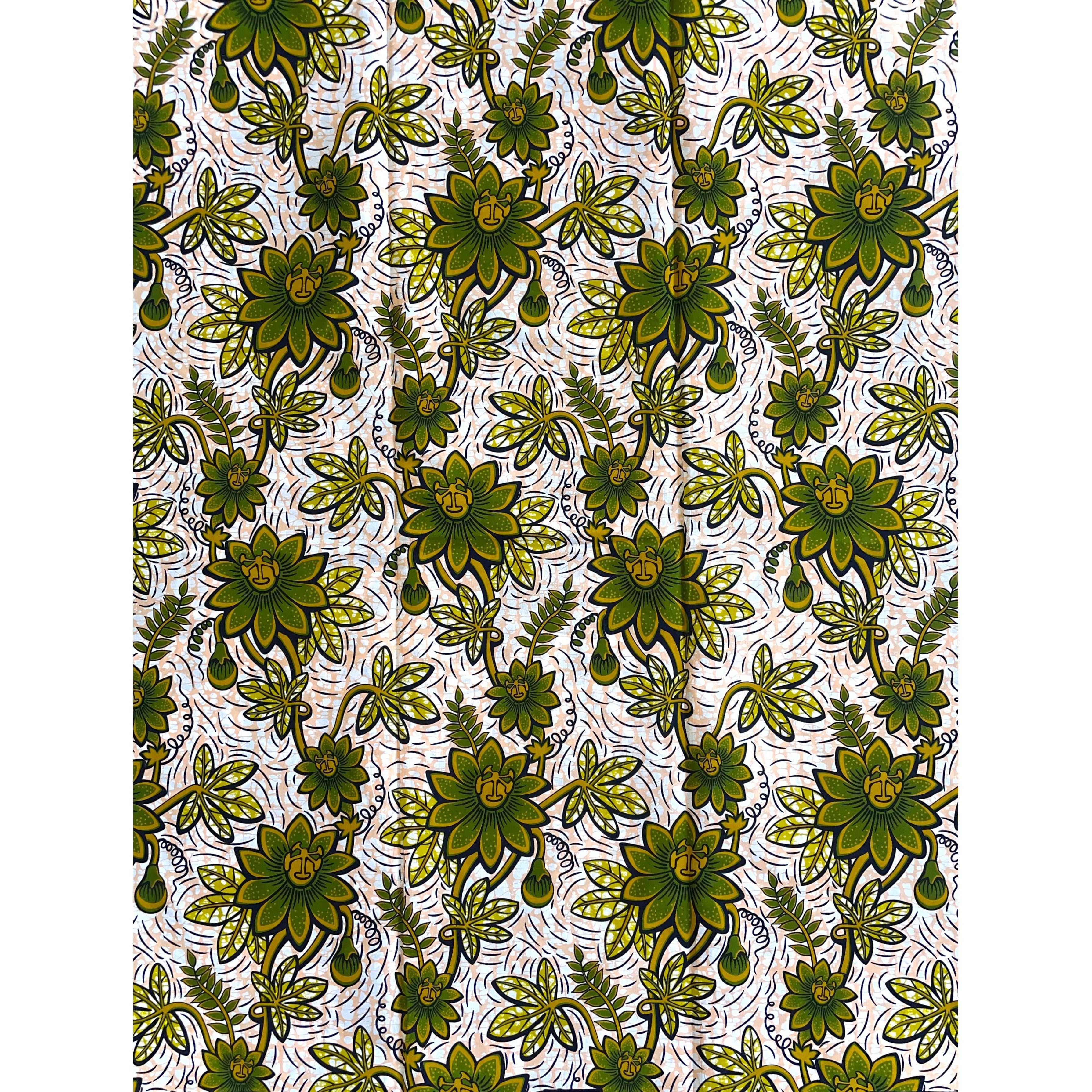 Wax Pagne Africain - Tissu 6 Yards 100% Coton - VERT KAKI / BEIGE