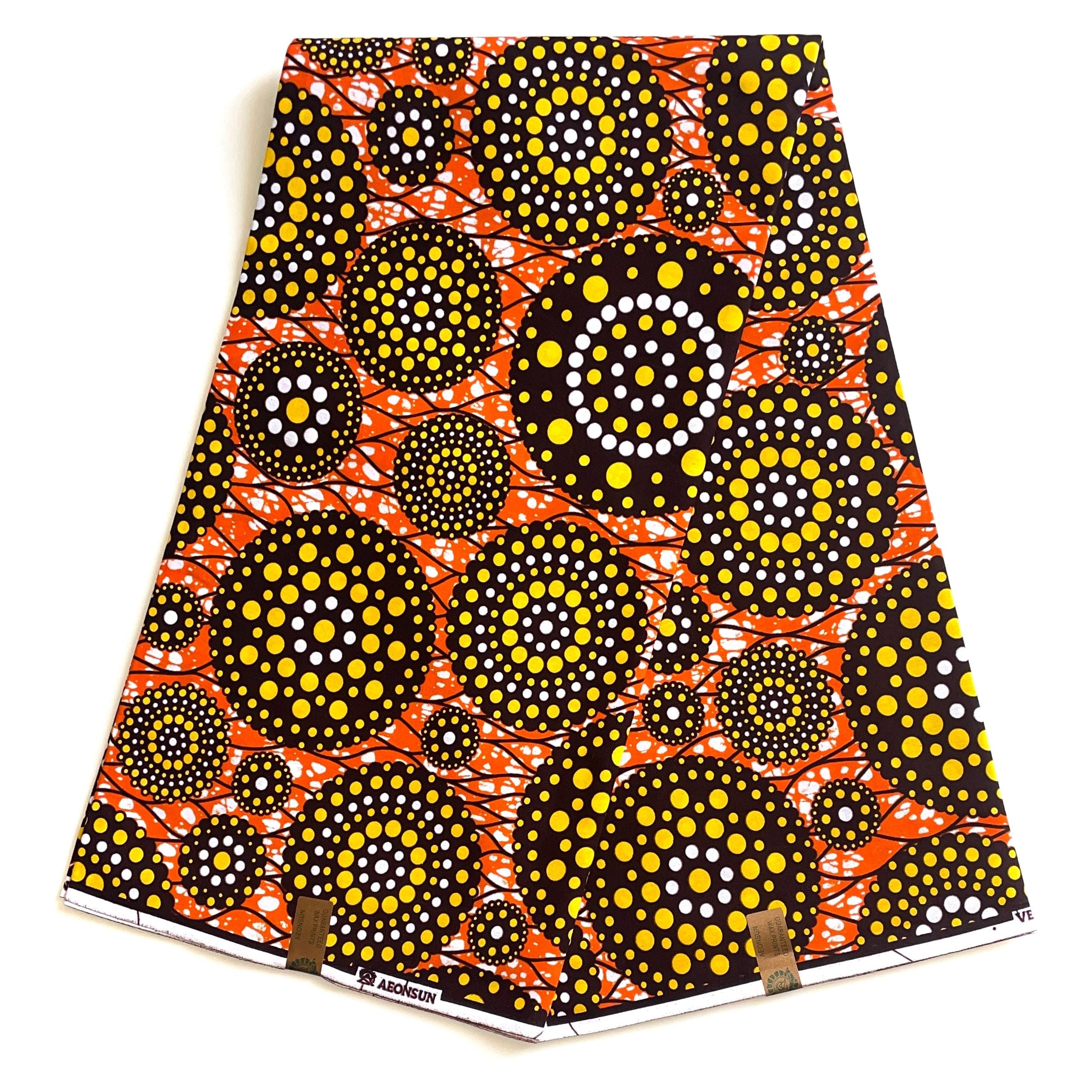 Wax Pagne Africain - Tissu 6 Yards 100% Coton - ORANGE / JAUNE