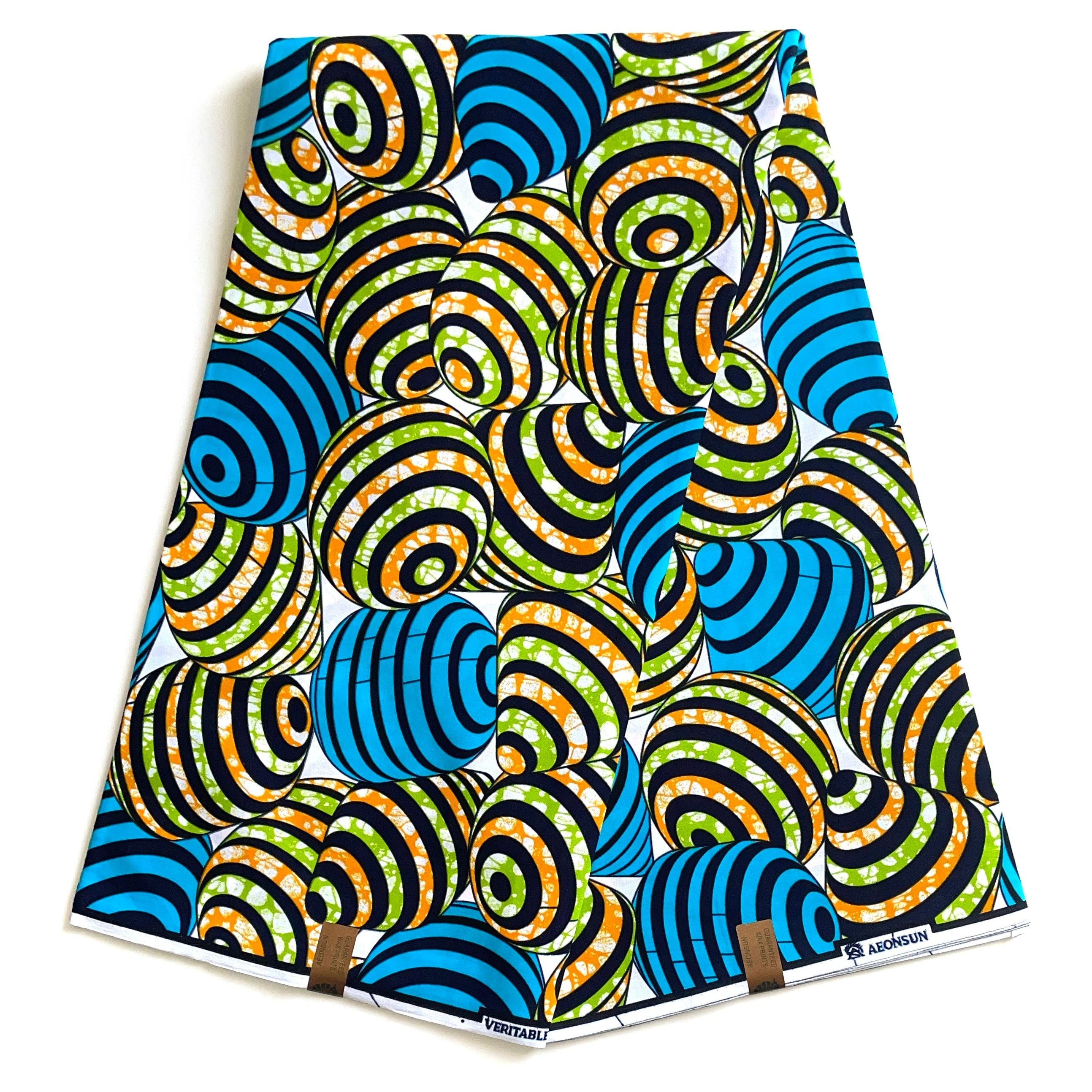 Wax Pagne Africain - Tissu 6 Yards 100% Coton - BLEU / ORANGE / VERT