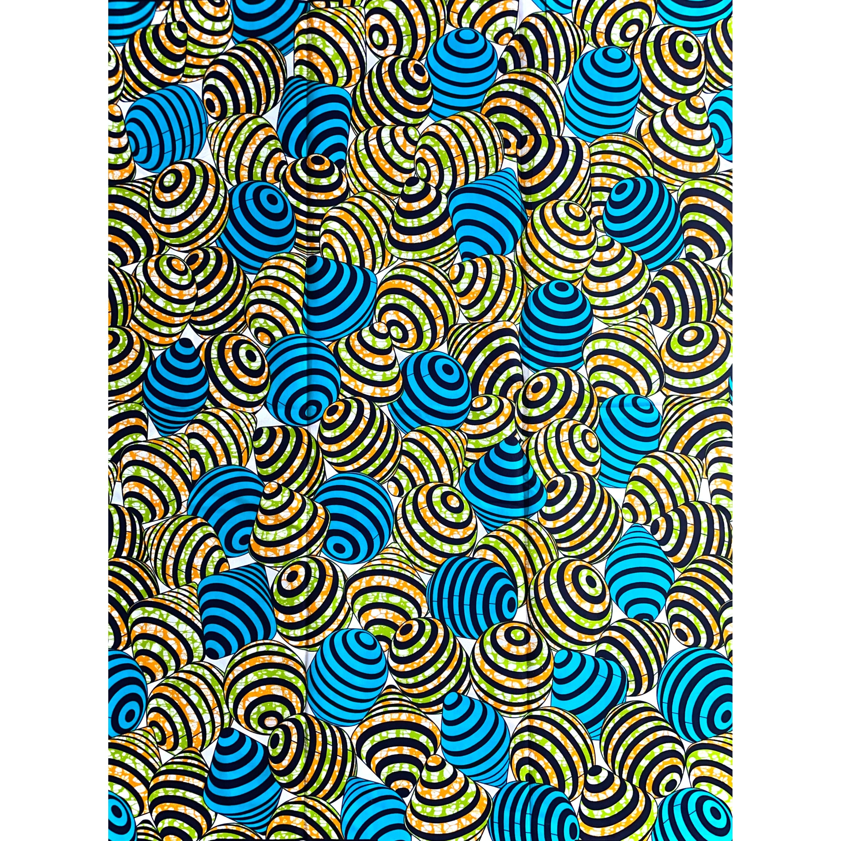 Wax Pagne Africain - Tissu 6 Yards 100% Coton - BLEU / ORANGE / VERT