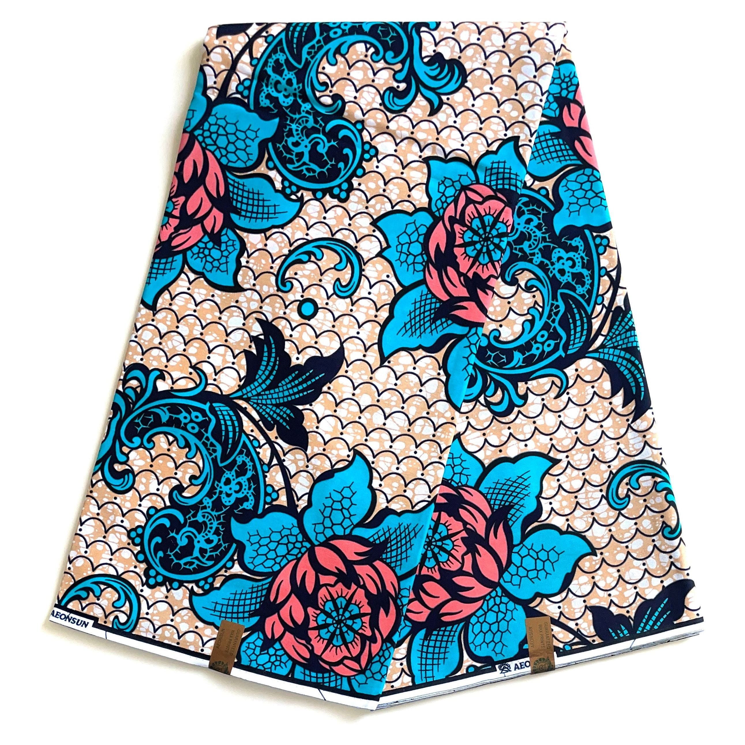 Wax Pagne Africain - Tissu 6 Yards 100% Coton - BEIGE / BLEU / ROSE